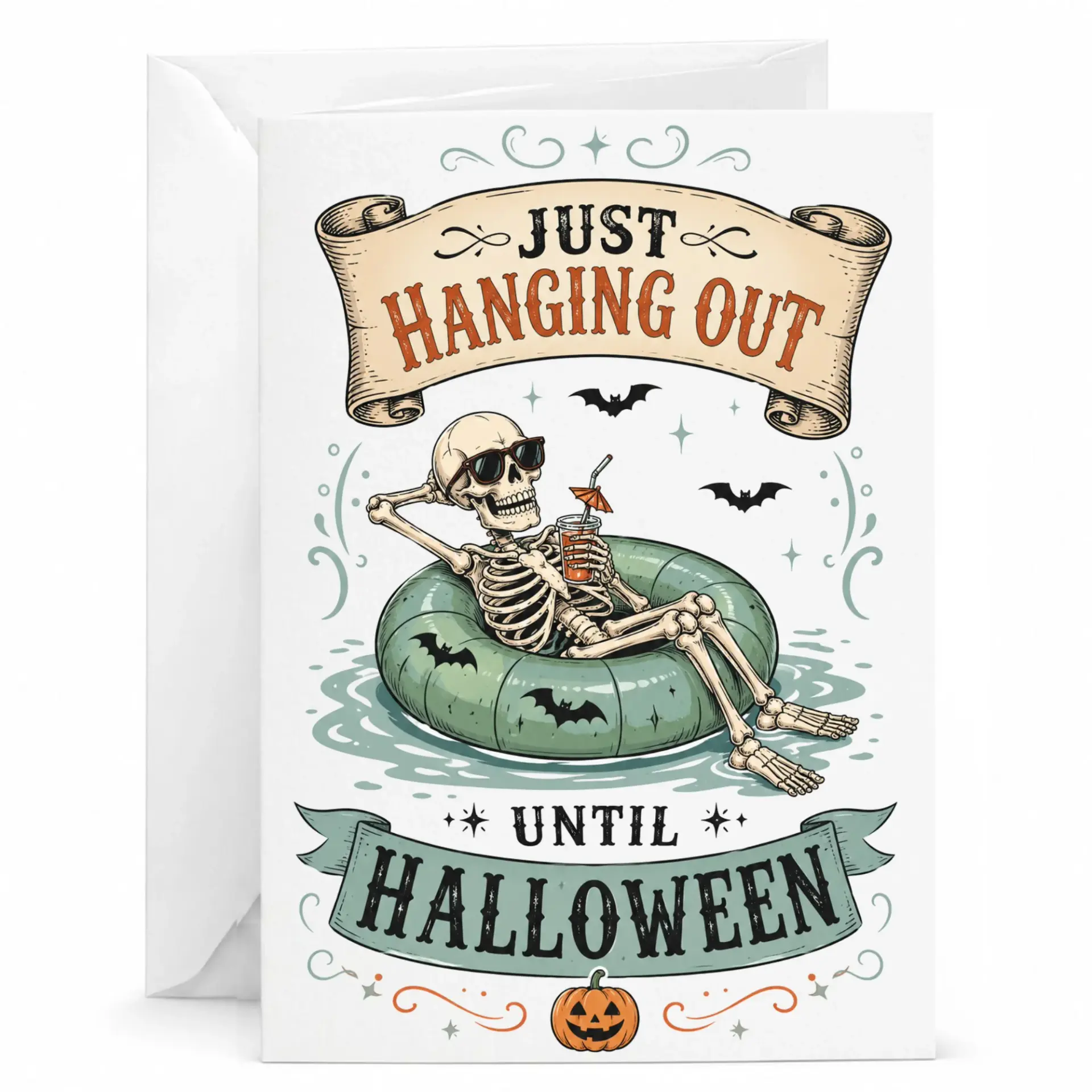 Funny Halloween Greeting Card Just Hanging Out Skeleton Design on Pool 5x7 Inches for Seasonal