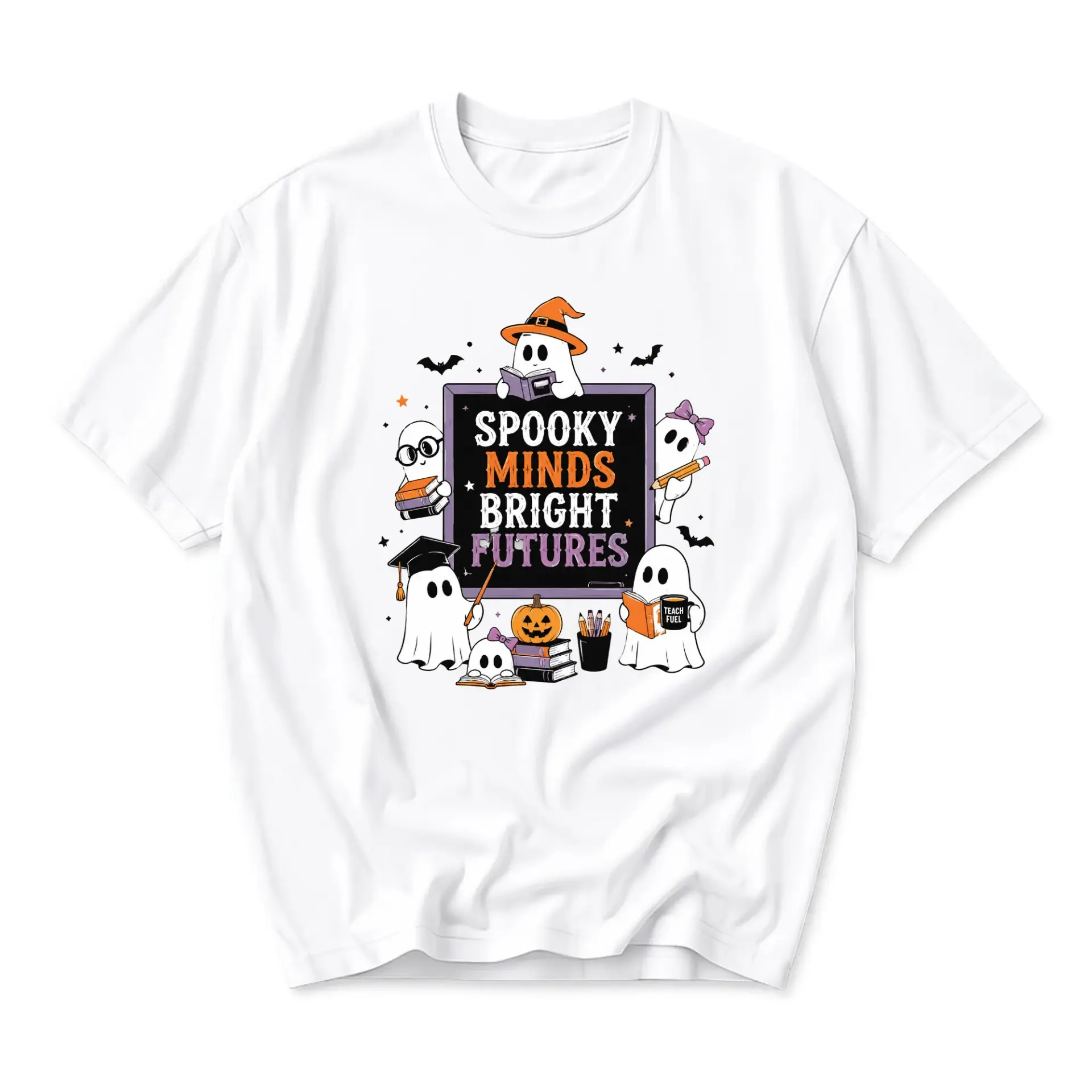 Graphic Tee Spooky Minds Bright Futures T-Shirt Featuring Cute Ghosts and Halloween Education Theme Casual Shirt