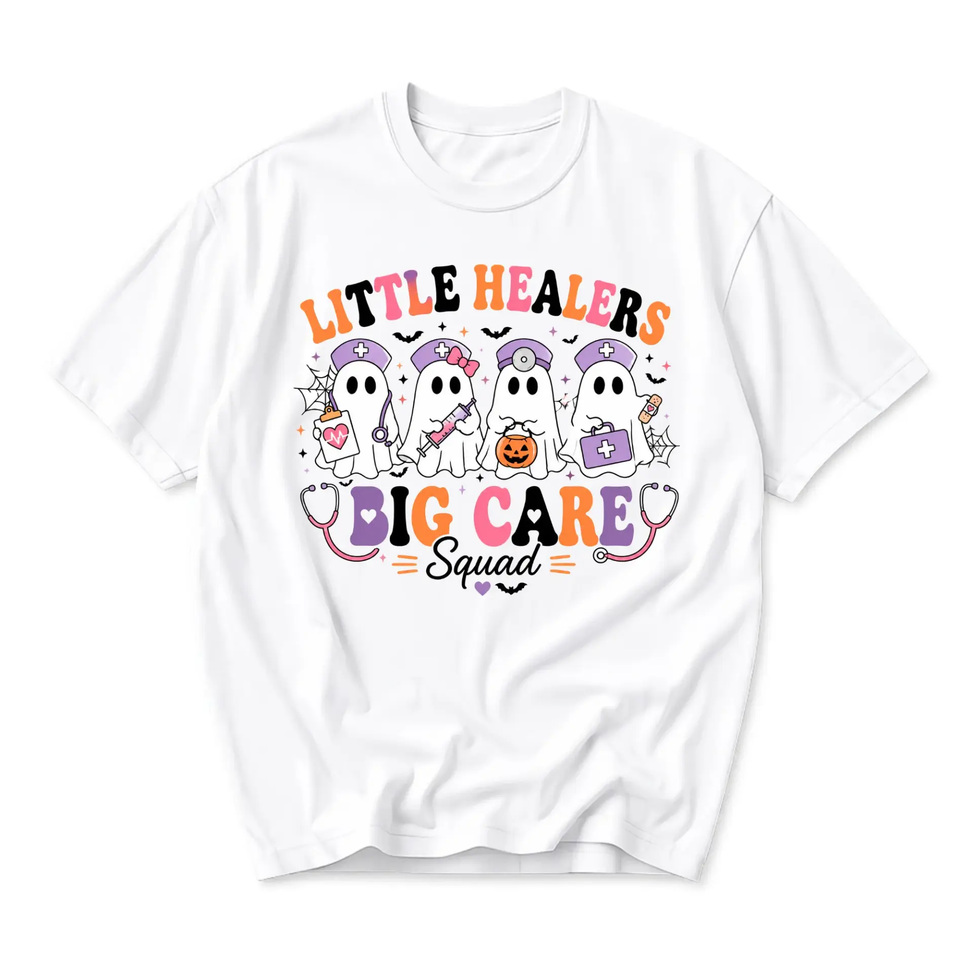 Graphic Tee Little Healers Big Care Squad Nurse Ghost Print Unisex Cotton Crew Neck Short Sleeve Casual Shirt