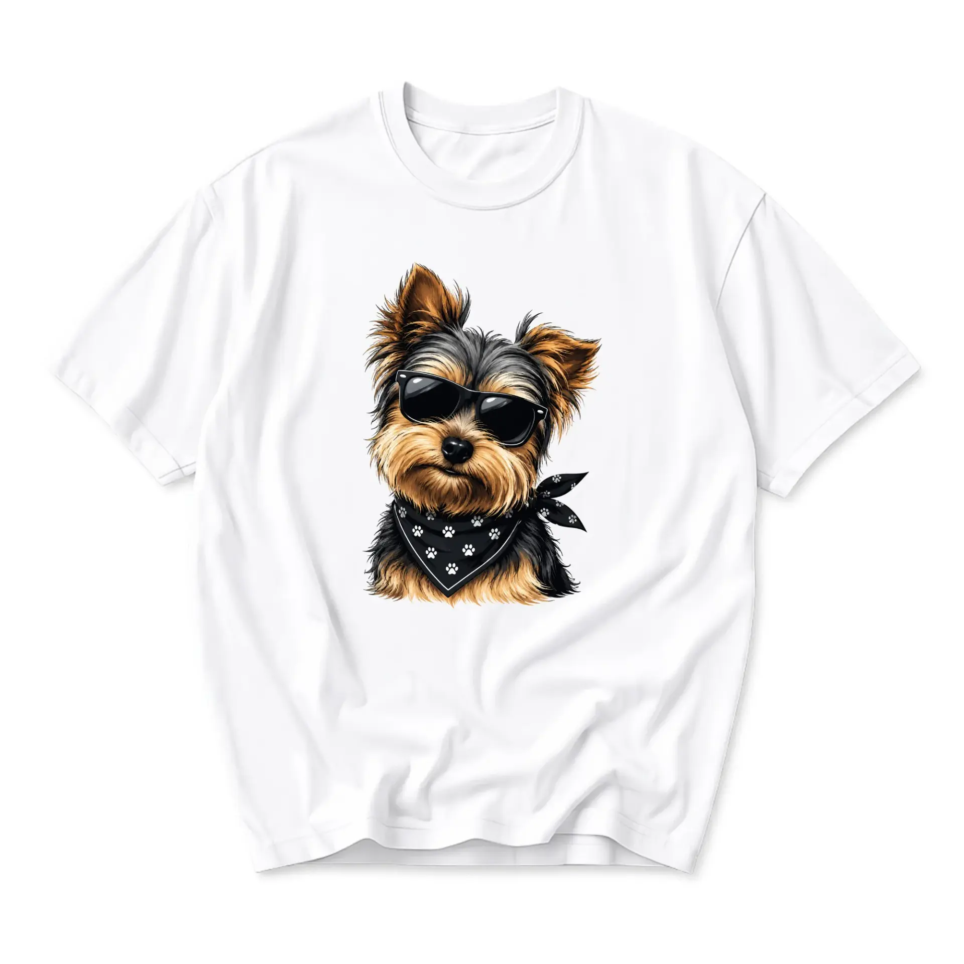 Graphic Tee Featuring Cool Yorkshire Terrier Wearing Sunglasses and Paw