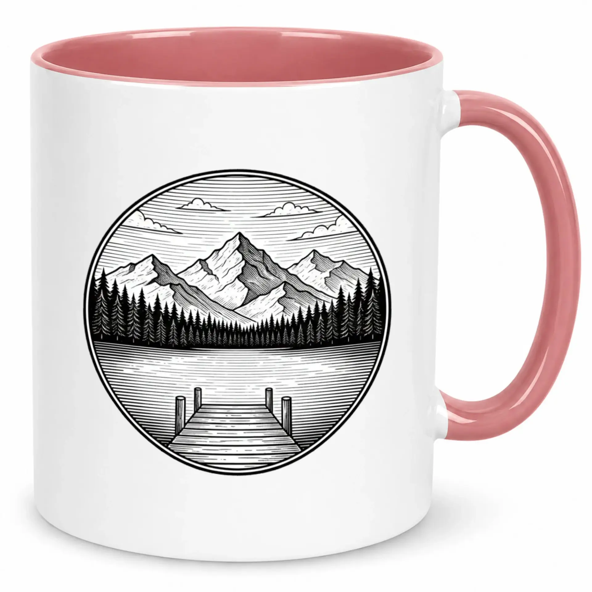 Ceramic Coffee Mug with Mountain Lake and Forest Landscape Design, Scenic Nature Art Drinkware for Home Office or Gift