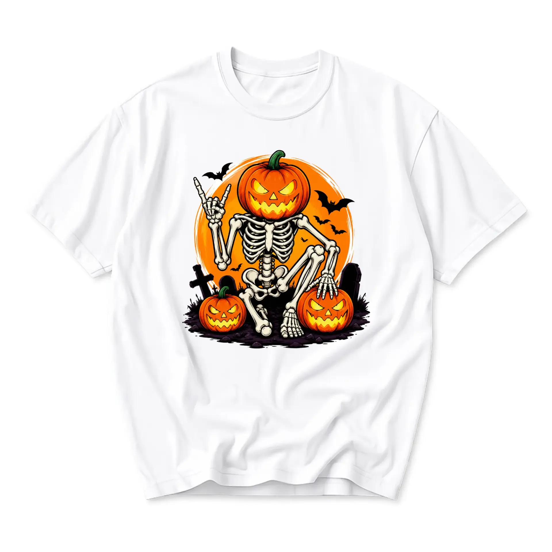 Graphic Tee Unisex Skeleton Pumpkin Rock on Halloween T-Shirt for Casual Everyday Wear and Seasonal Party Outfits
