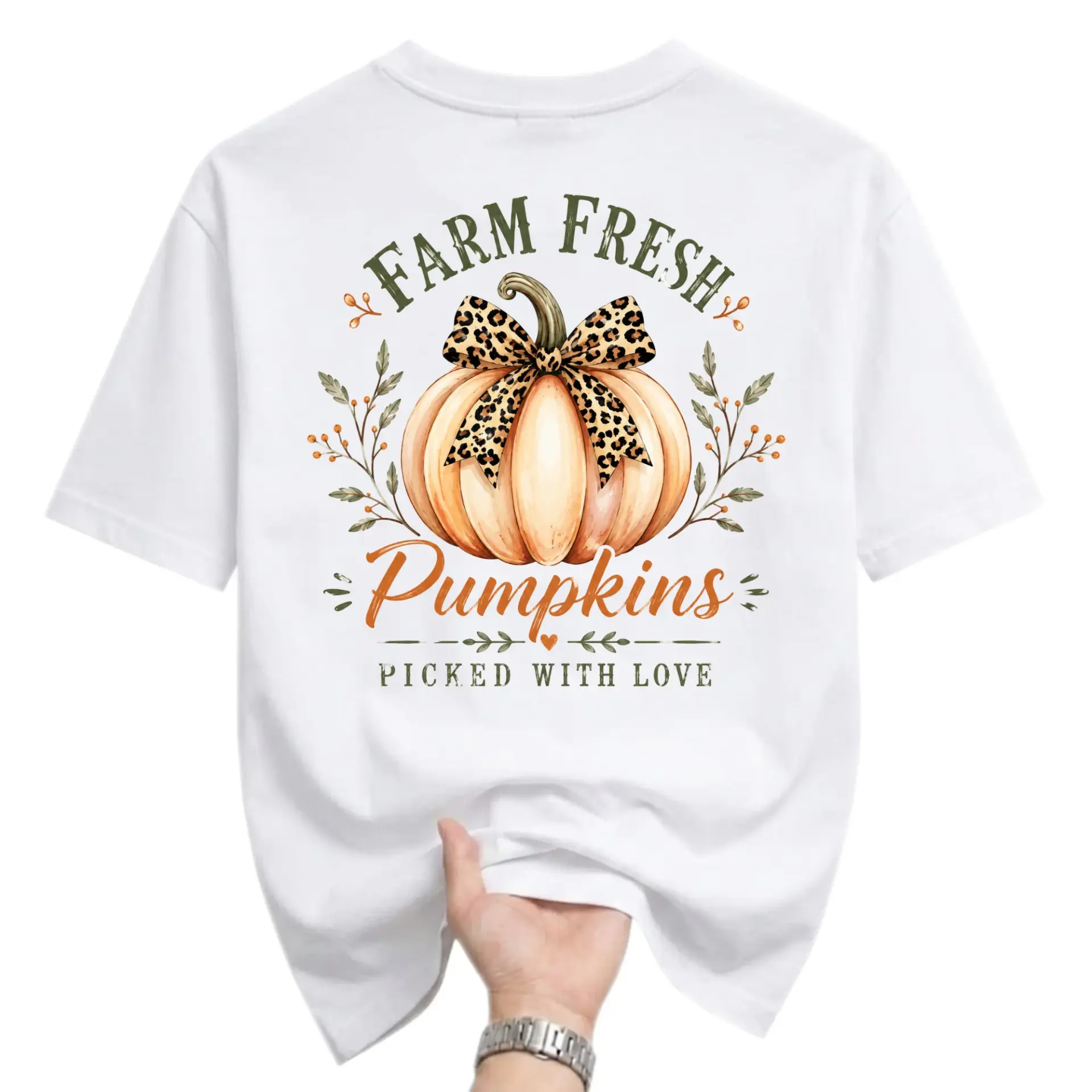 Graphic Tee Farm Fresh Pumpkins Shirt with Leopard Print Bow Autumn Fall Season Casual Unisex Crew Neck Top