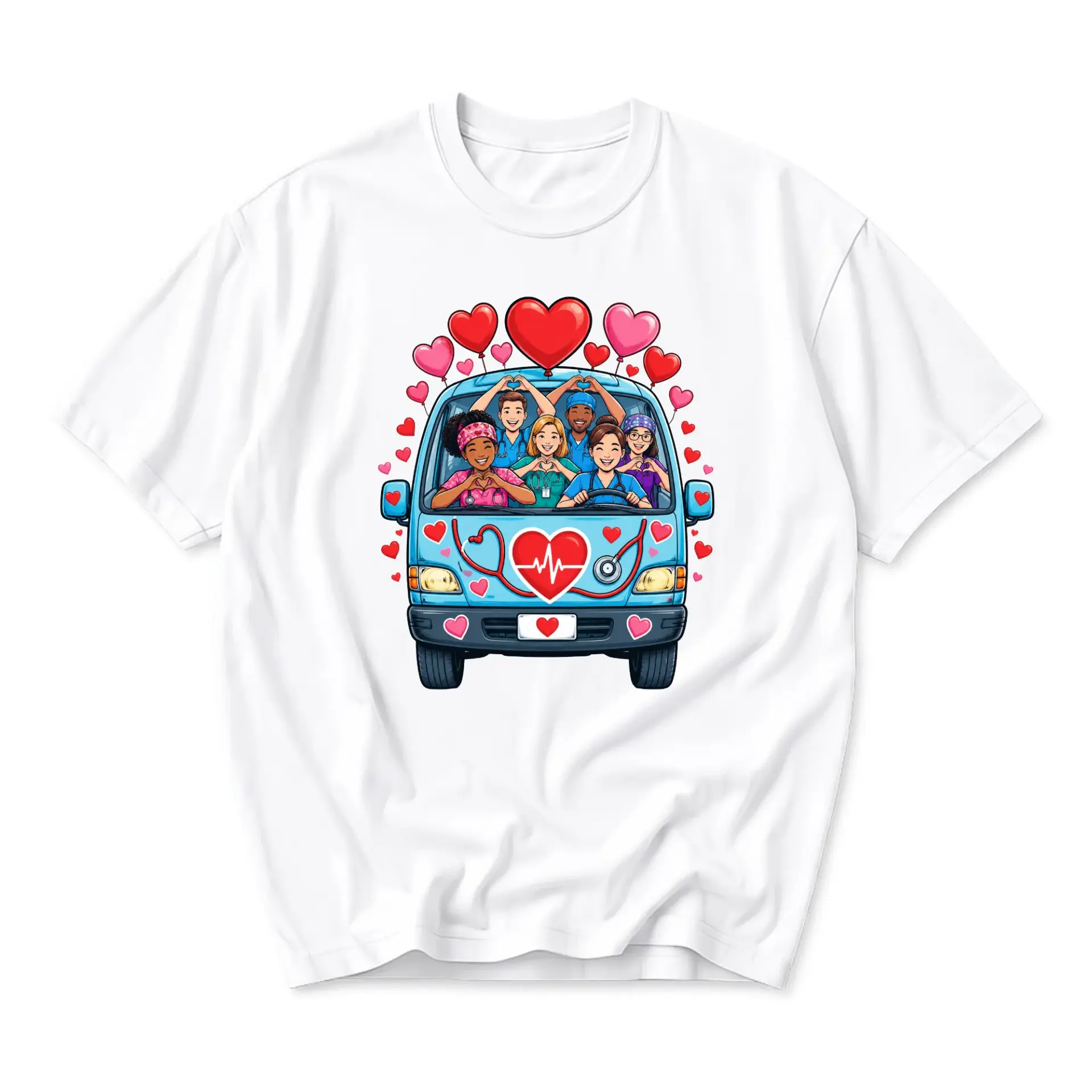 T-shirt Graphic Tee Featuring Healthcare Workers in a Medical Van with Heart Accents for Everyday Casual Comfort