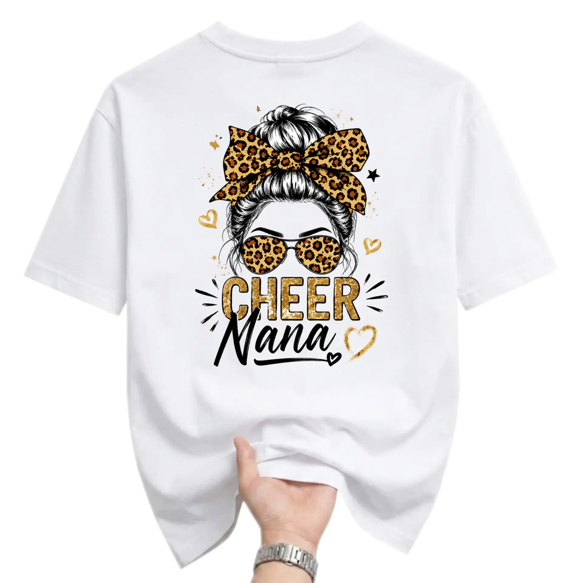 Graphic Tee Cheer Nana Leopard Print Messy Bun Design Unisex Crew Neck Soft