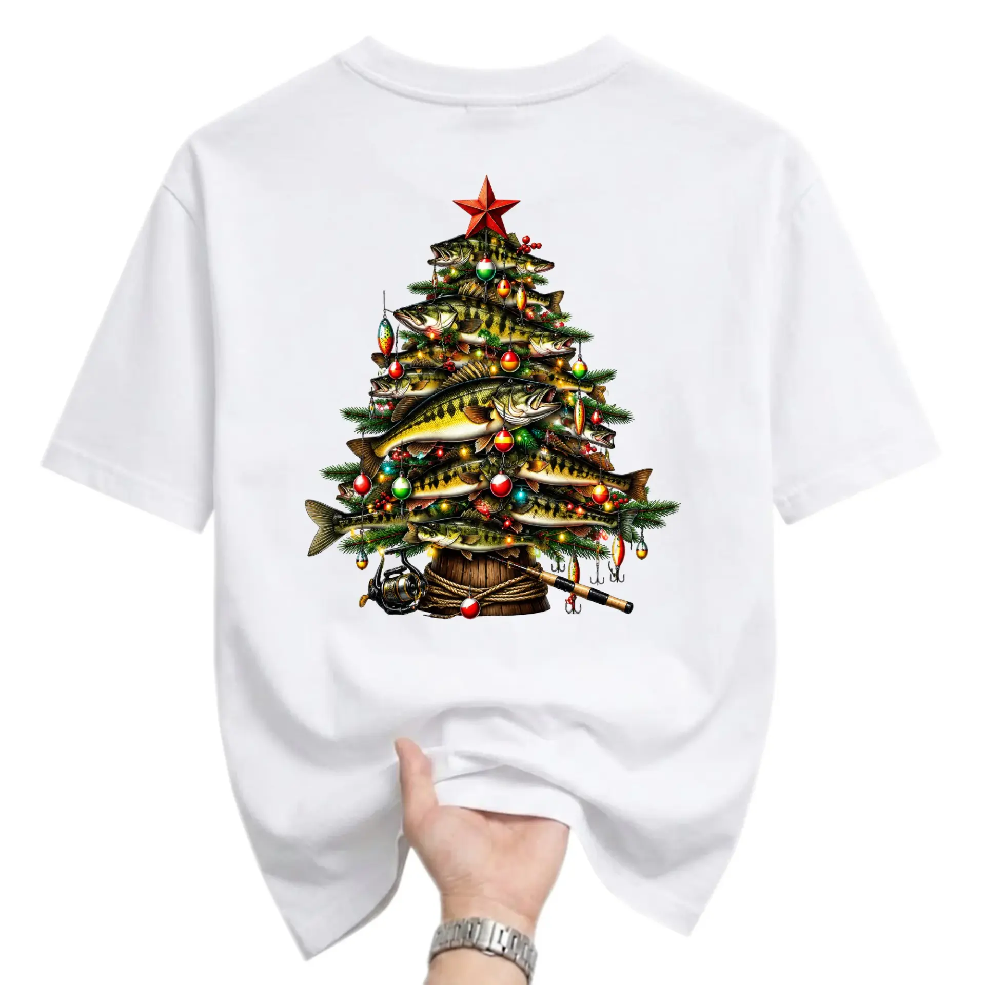 Funny Shirt Fishing Christmas Tree Graphic Tee Unisex Crew Neck Casual Cotton Blend Short Sleeve Apparel for Adults
