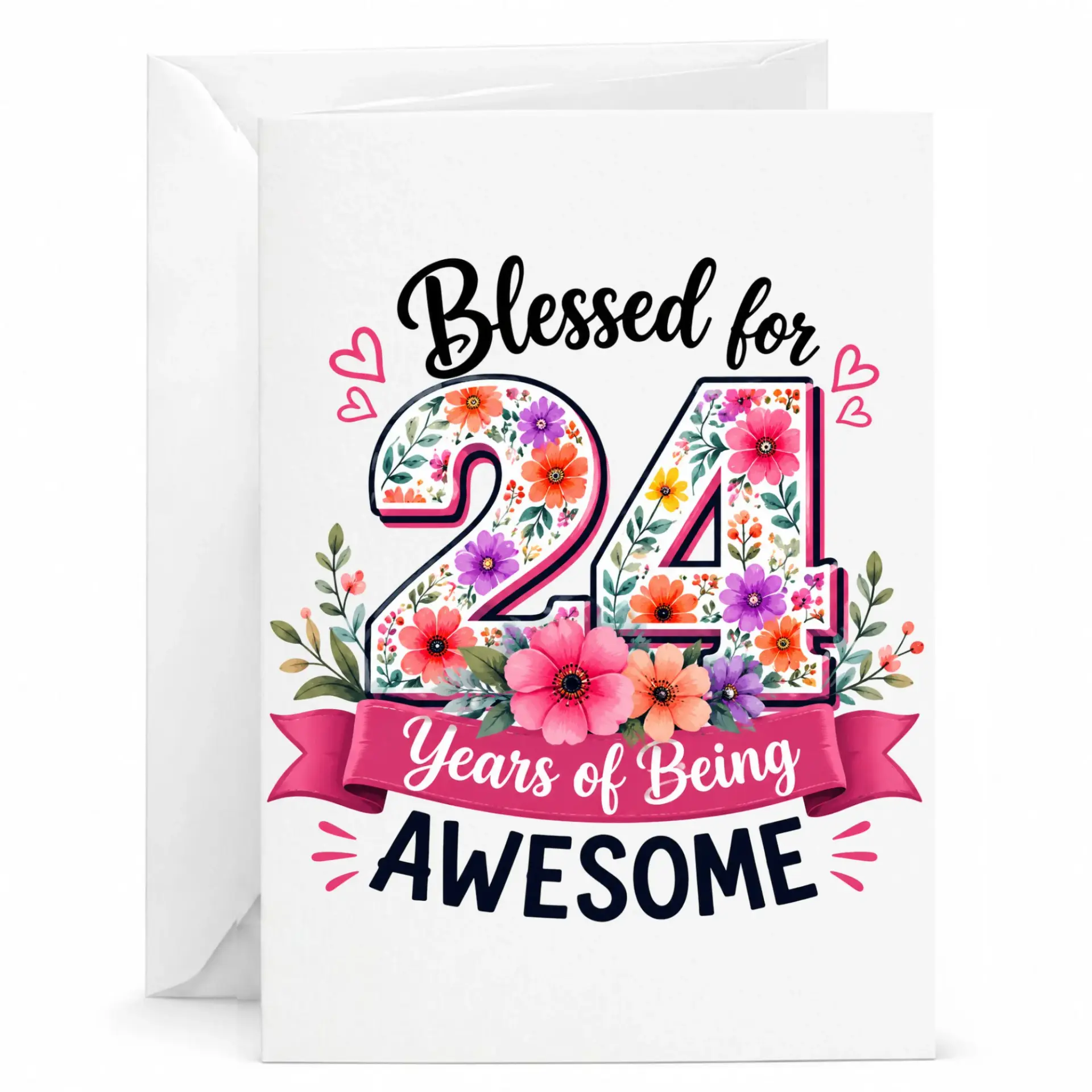 Birthday Card Floral 24th Birthday Greeting Card for Her Blessed for 24 Years of Being Awesome Anniversary Card