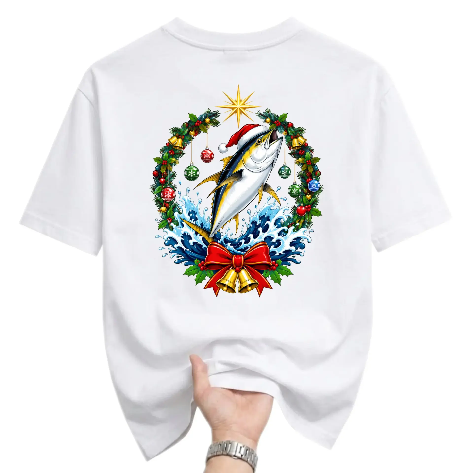 Funny Shirt Holiday Fishing Graphic Tee Fish Wearing Santa Hat Festive