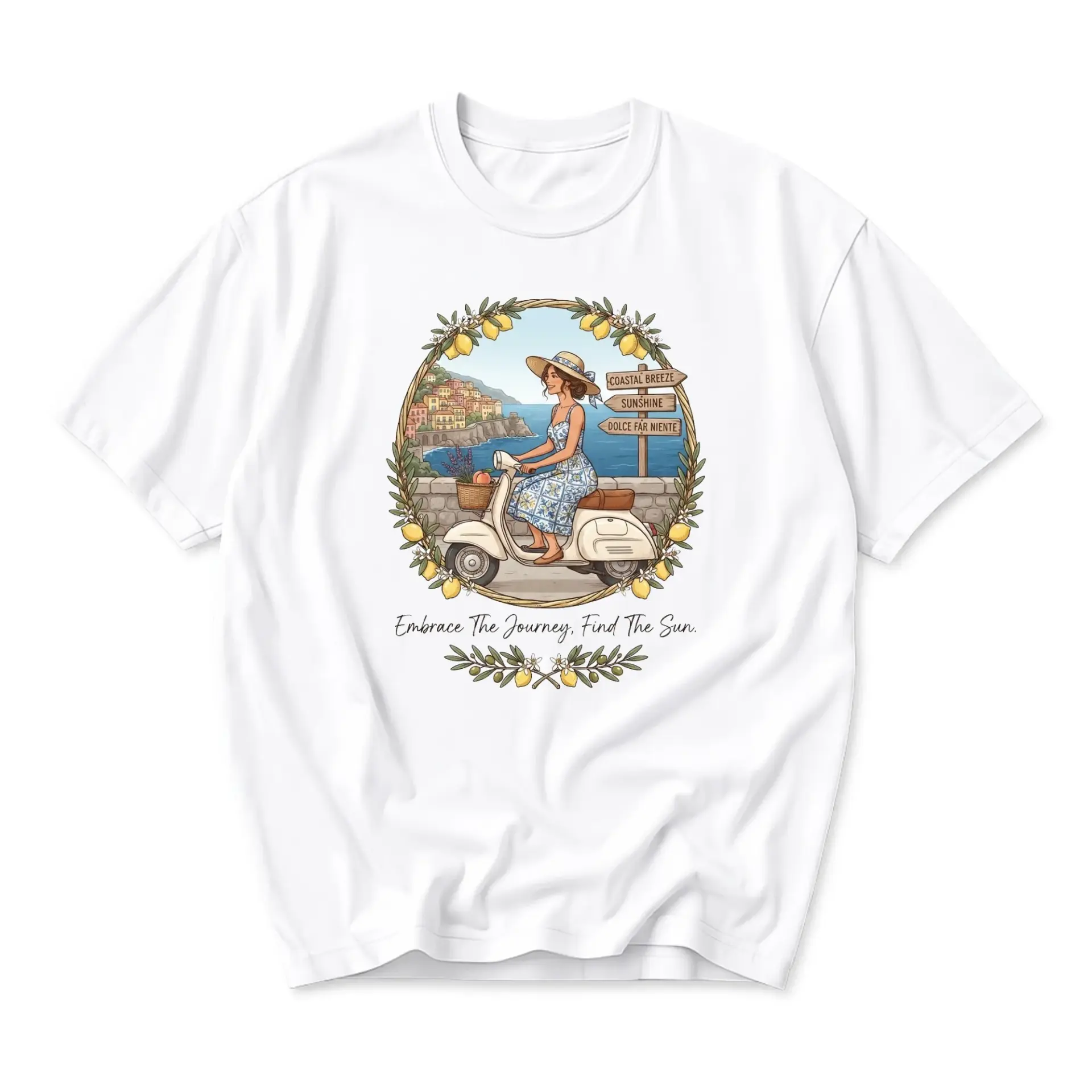T-shirt Unisex Graphic Tee Coastal Summer Illustration Featuring Woman Riding Scooter and Mediterranean Scenic View