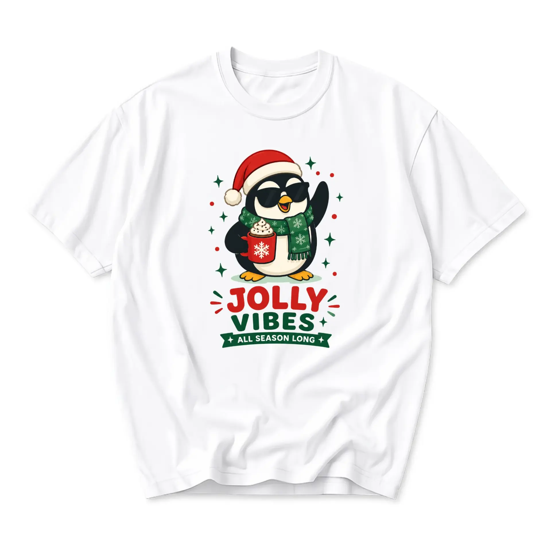 Funny Shirt Jolly Penguin Graphic Tee Casual Holiday Unisex Crew Neck Short