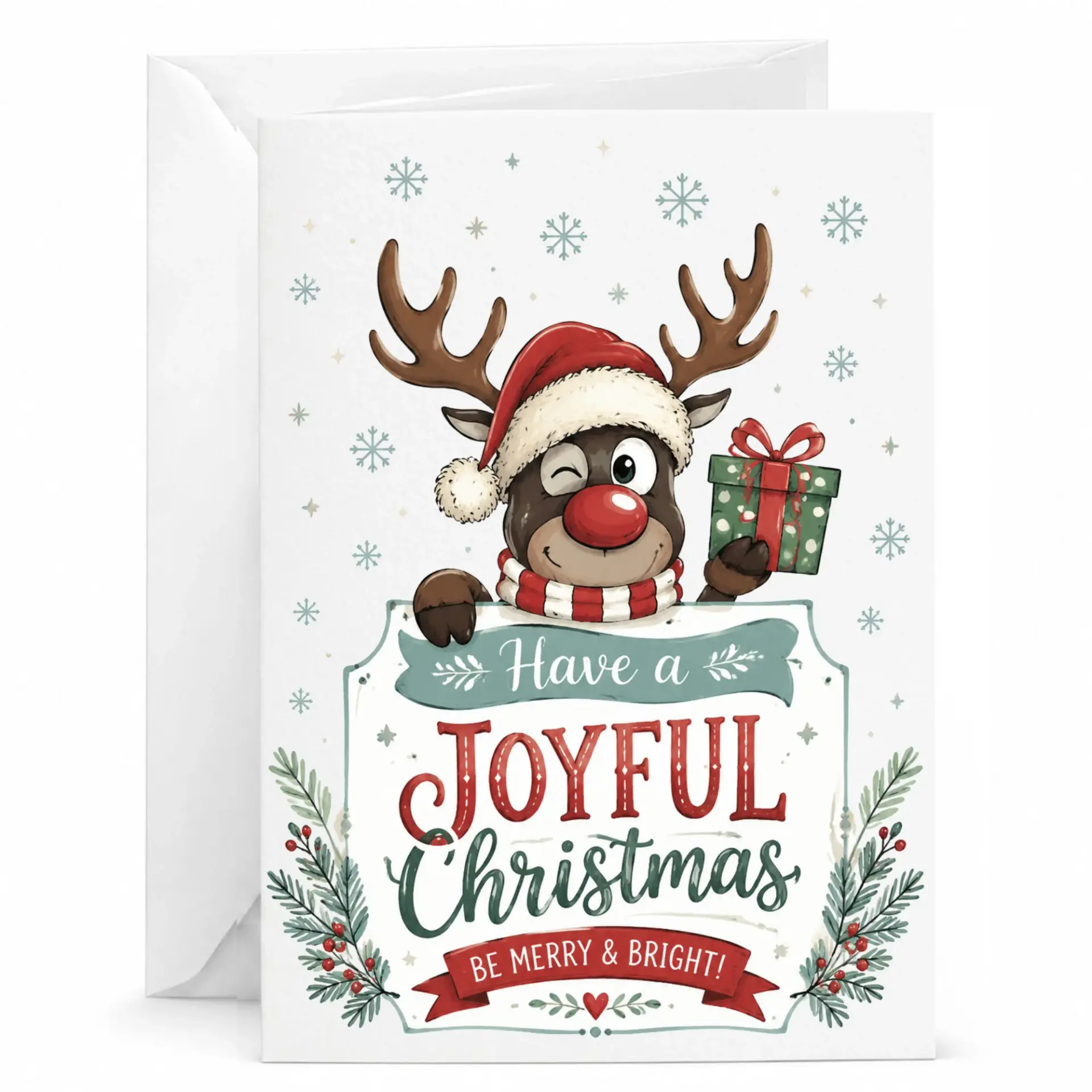 Greeting Card Joyful Christmas Reindeer Illustration Winter Holiday Stationery with Matching White Envelope