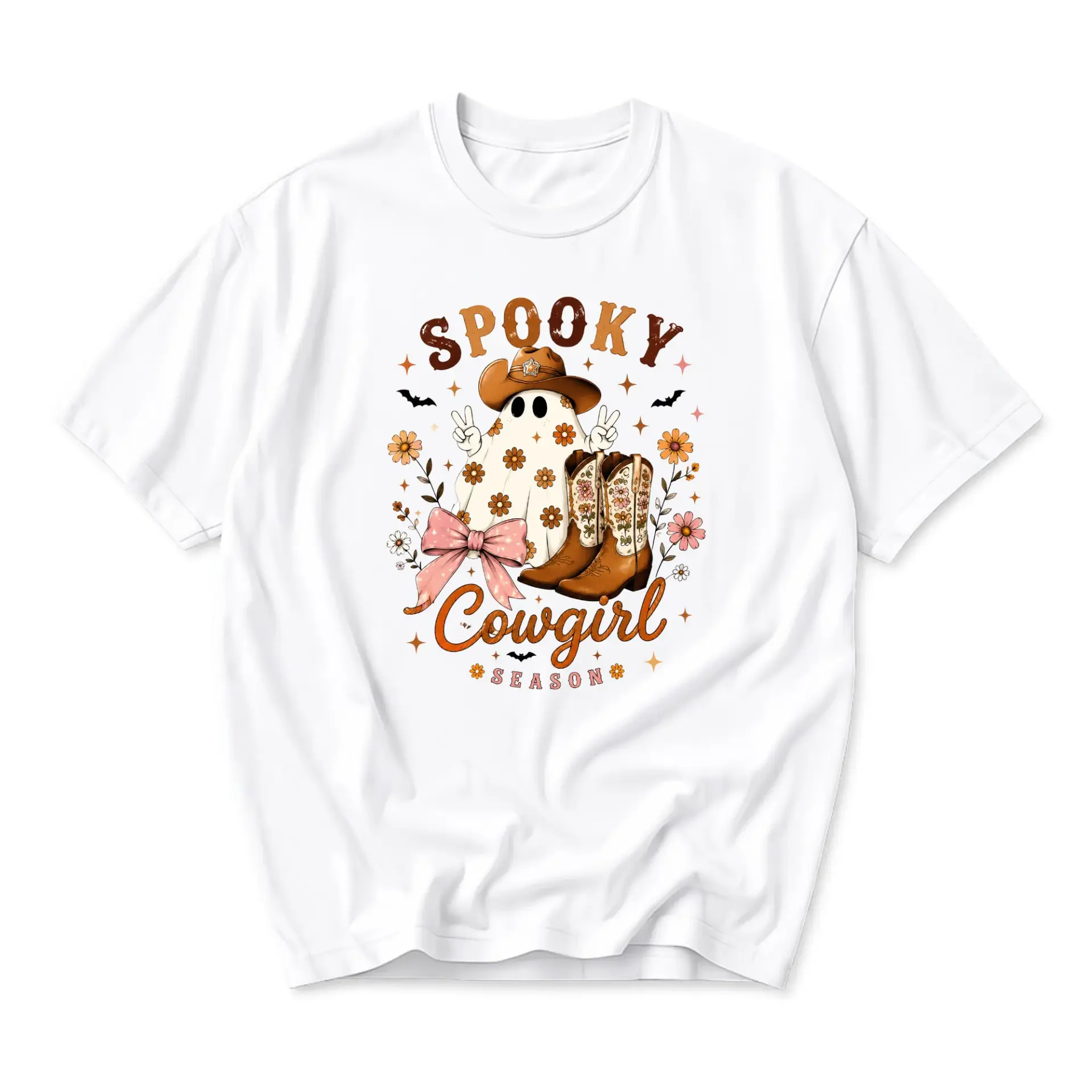 Graphic Tee Spooky Cowgirl Season Western Ghost Shirt Retro Floral Cowboy Boots Aesthetic Unisex Cotton Crew Neck