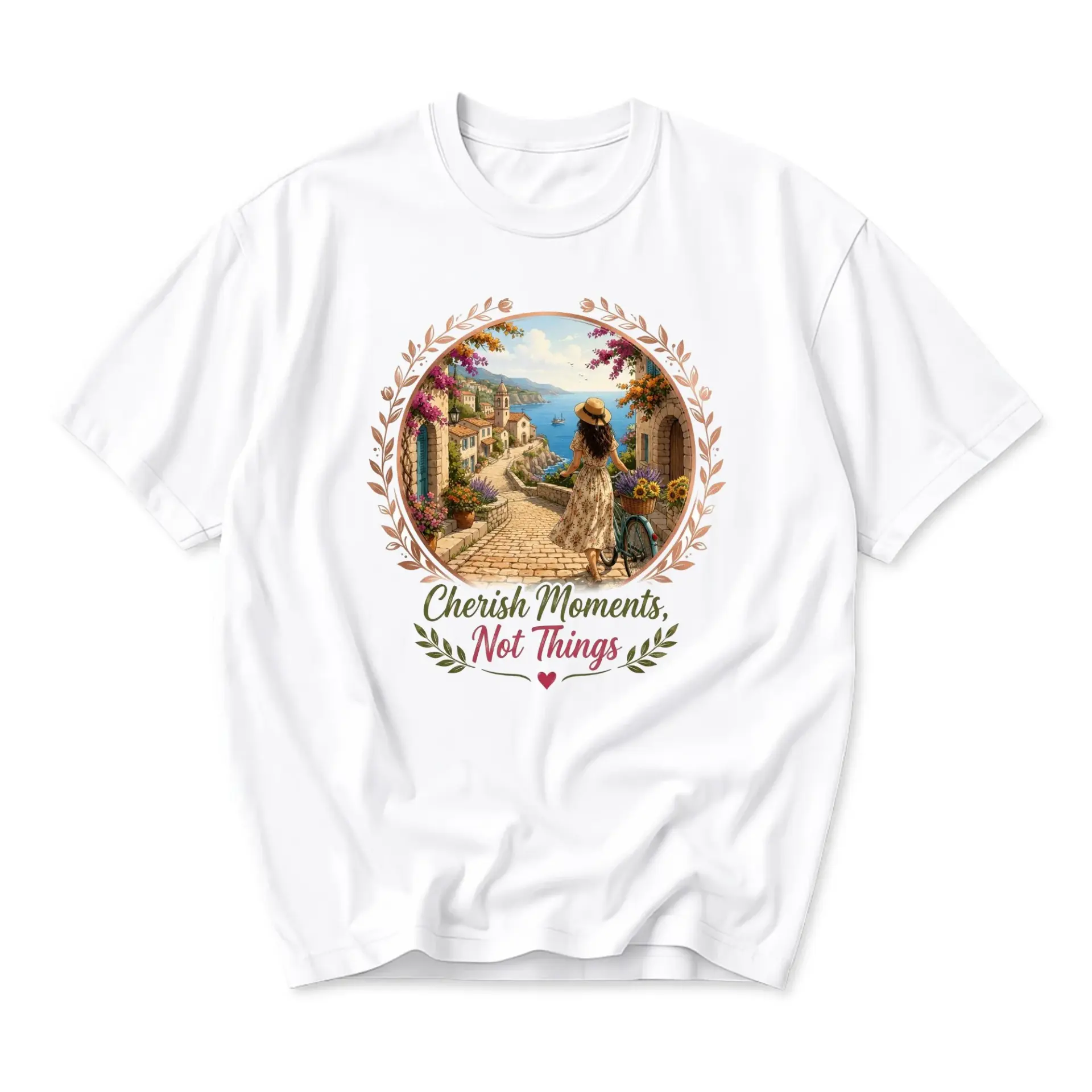 Graphic Tee Cherish Moments Not Things Floral Coastal Village Art Unisex Short Sleeve Crew Neck Cotton Casual Shirt
