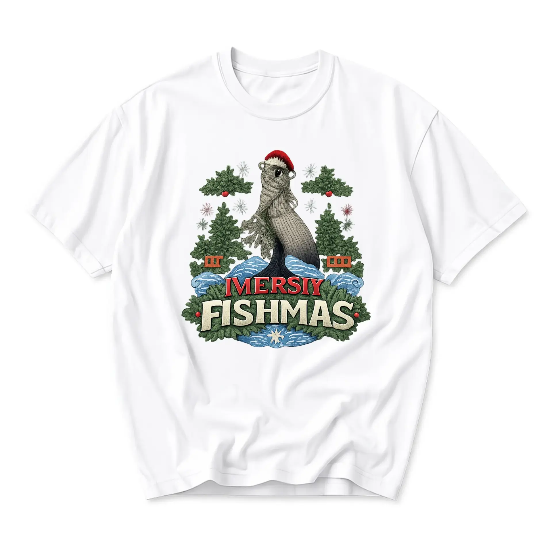 Funny Shirt Mersiy Fishmas Seasonal Graphic Tee Holiday Sea Illustration Unisex Crew Neck Apparel White