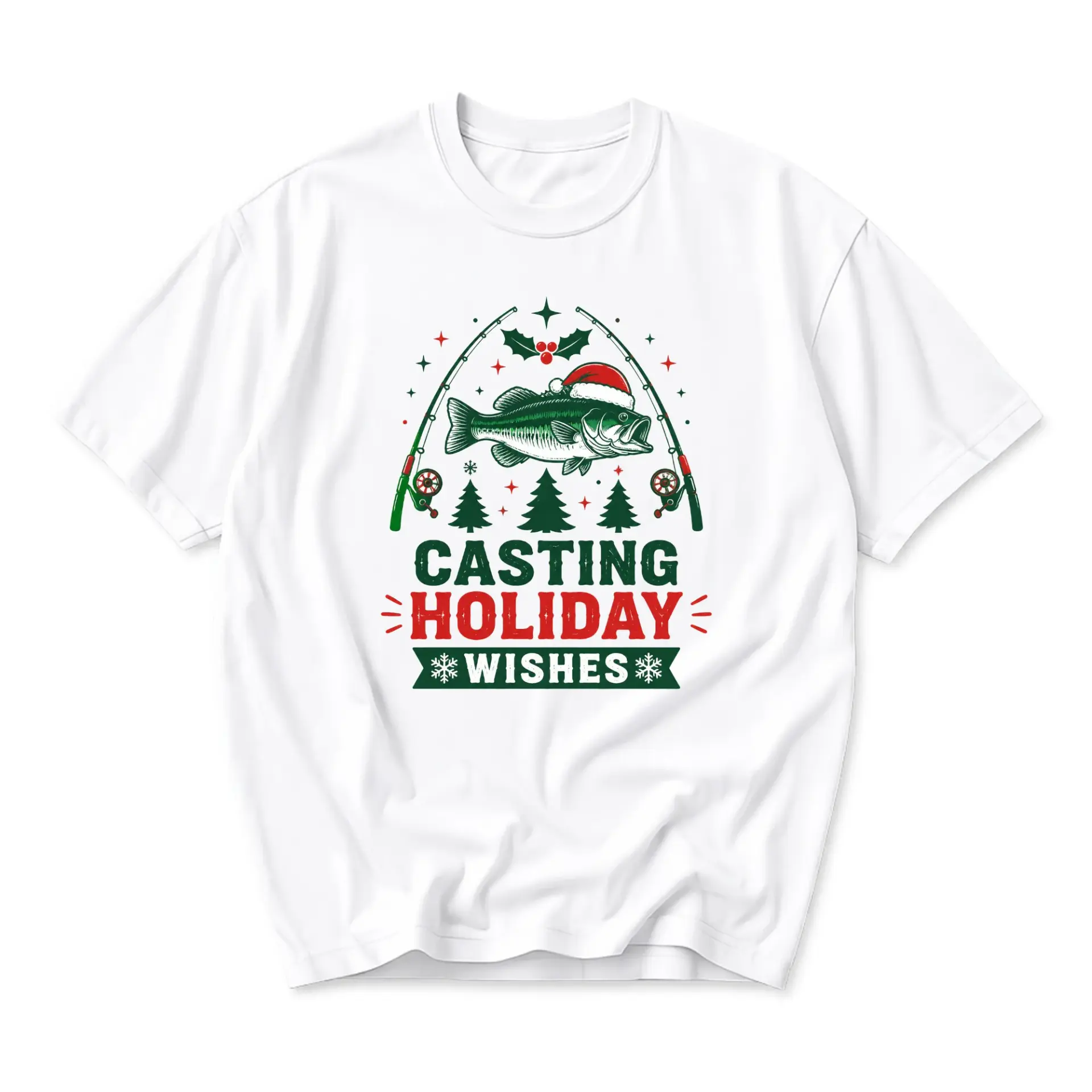 Funny Shirt Casting Holiday Wishes Fishing Graphic Tee Casual Unisex Short Sleeve Crew Neck Top for Outdoor Enthusiasts