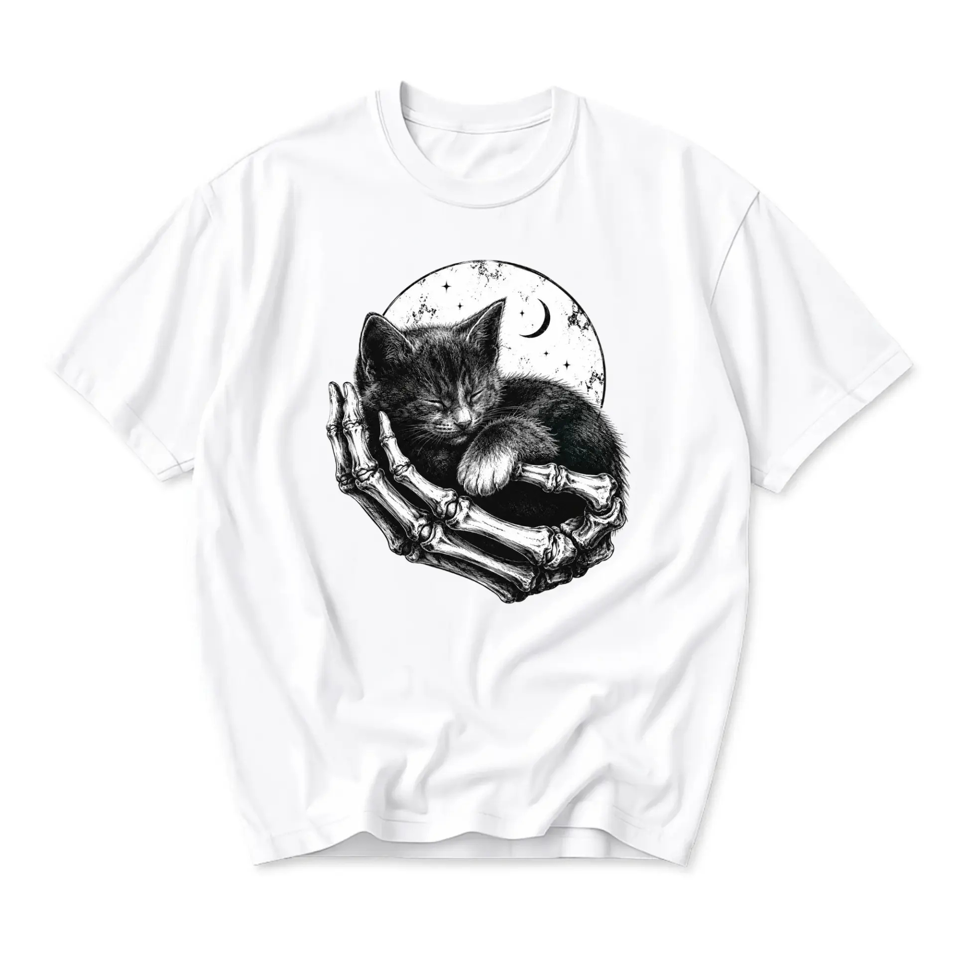 Graphic Tee Featuring a Sleeping Cat Held in a Skeletal Hand Illustrative Art Print Unisex Crew Neck Cotton Shirt