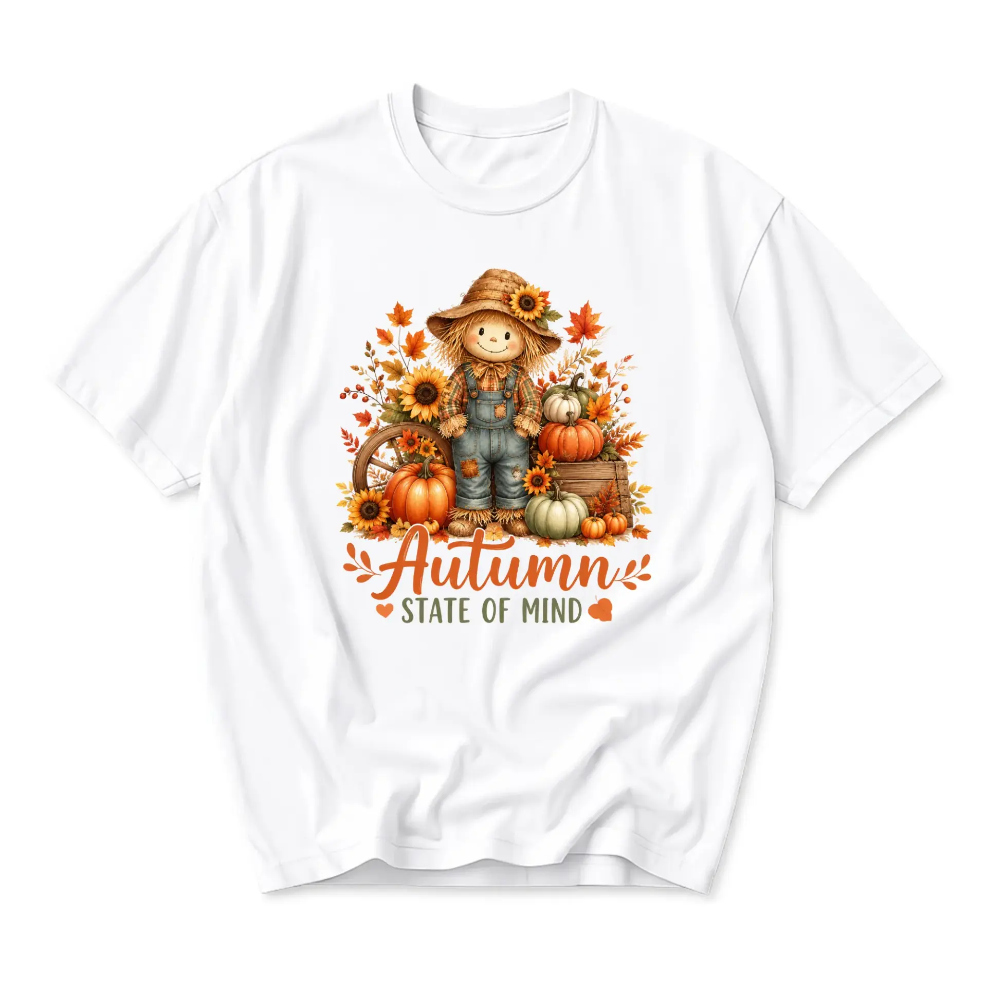 T-shirt Autumn State of Mind Graphic Tee Featuring Cute Scarecrow Sunflowers and Pumpkins Unisex Crew Neck Top