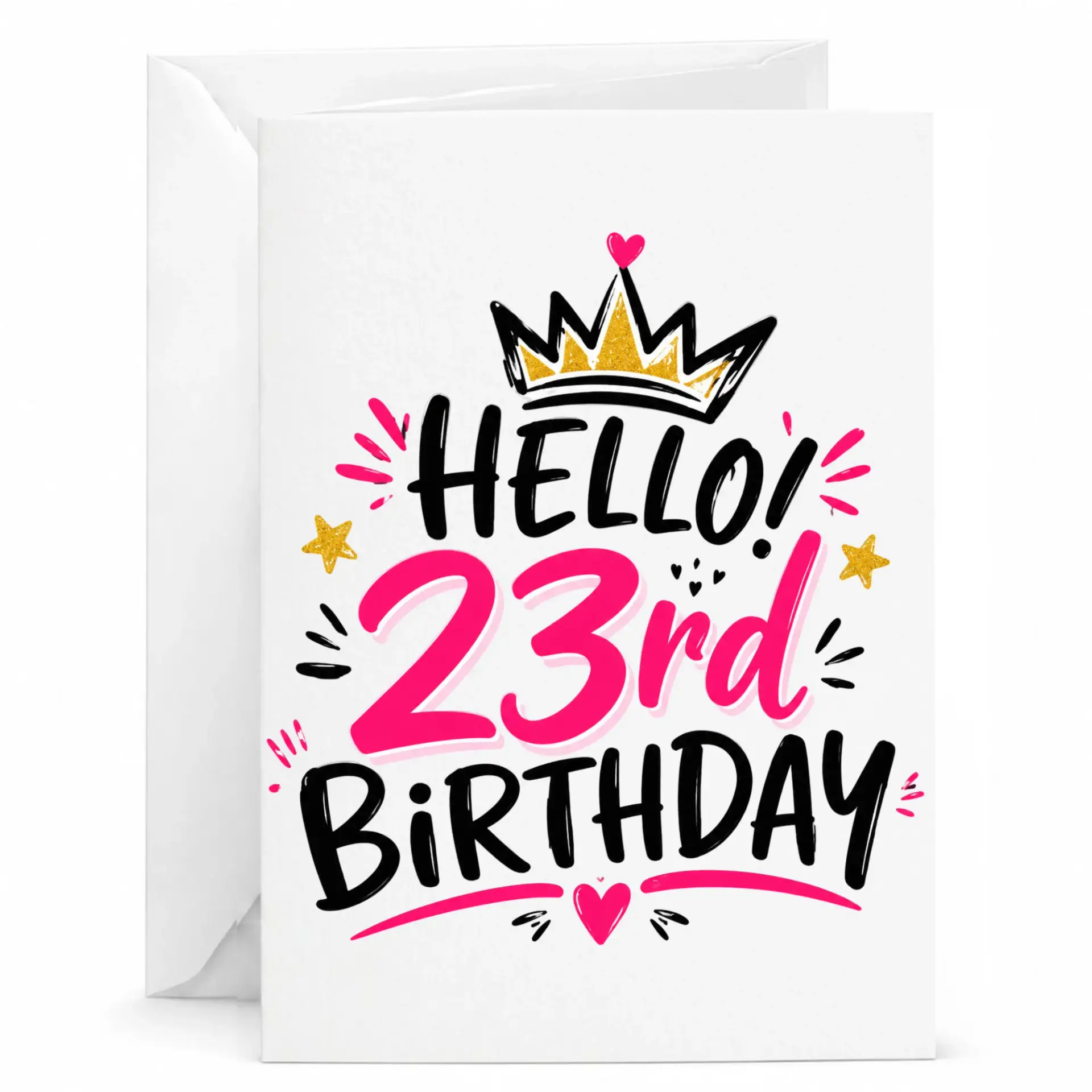 Greeting Card Hello 23rd Birthday Pink and Gold Party Design with Crown for Milestone Celebration 5x7 Inches