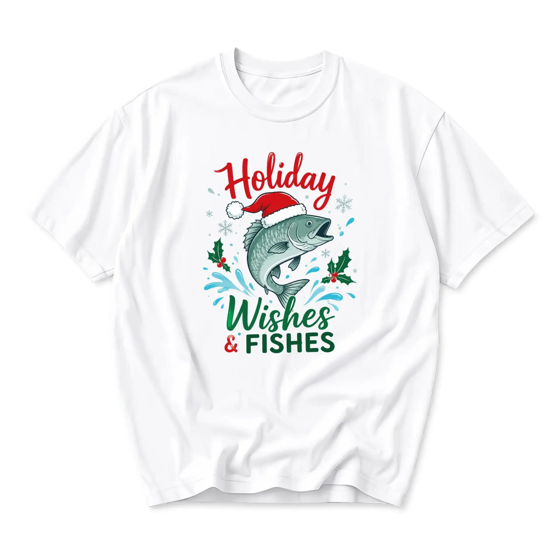Funny Shirt Holiday Wishes and Fishes Graphic Tee for Fishing Enthusiasts Seasonal Unisex Crew Neck T-Shirt