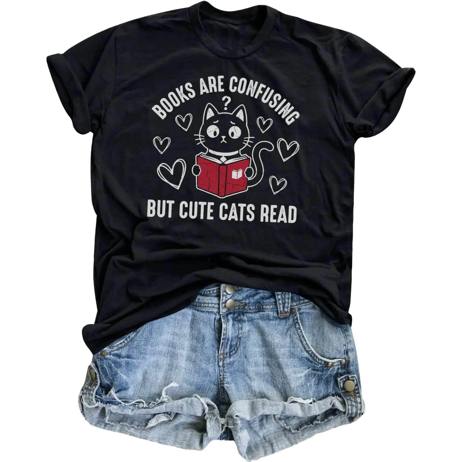 Funny Cat Graphic Tee Books Are Confusing Shirt Unisex Reading Lover Gift Cotton Blend Casual Crew Neck Apparel