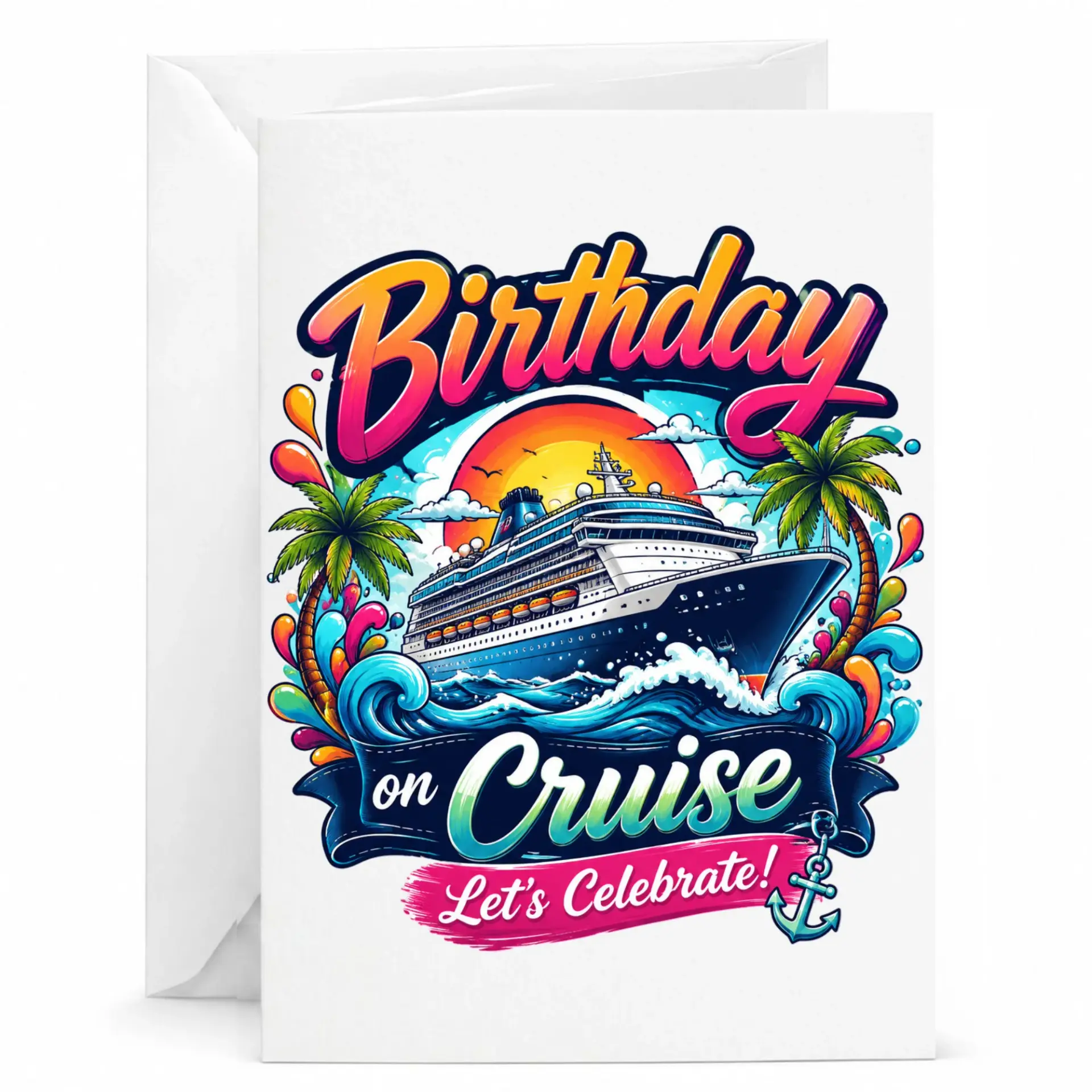 Birthday Card Vacation Theme Nautical Cruise Ship Design Tropical Celebration Greeting Card for Travel Enthusiasts
