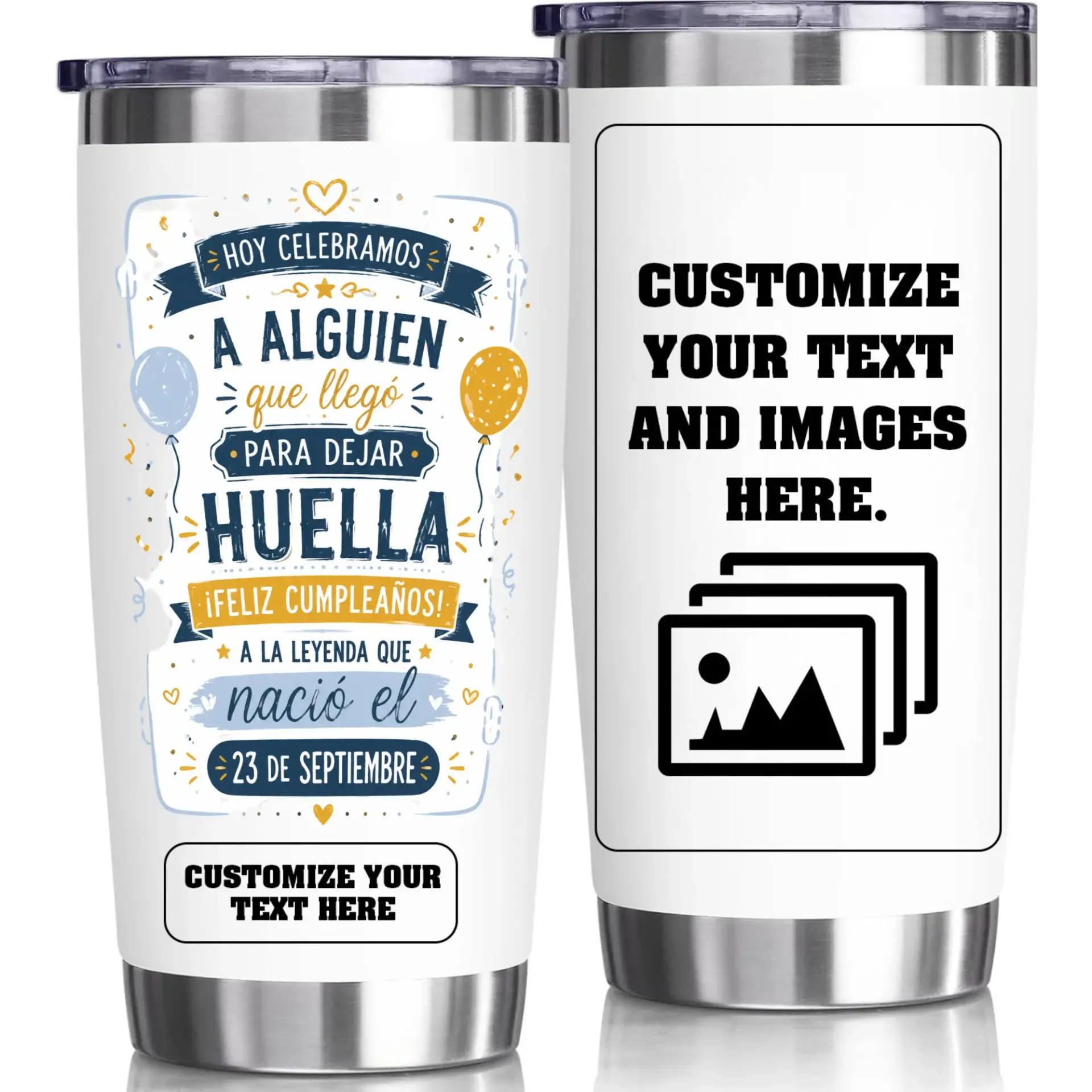 Stainless Steel Insulated Tumbler 20oz Personalized Birthday Gift Travel Mug with Celebration Design and Customizable Space