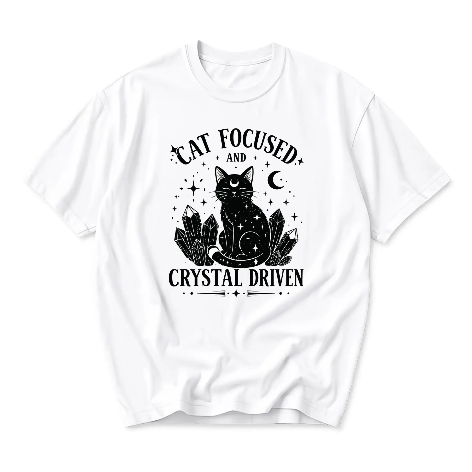 Graphic Tee Cat Focused and Crystal Driven Celestial Aesthetic Mystical Illustration Unisex Short Sleeve Crew Neck