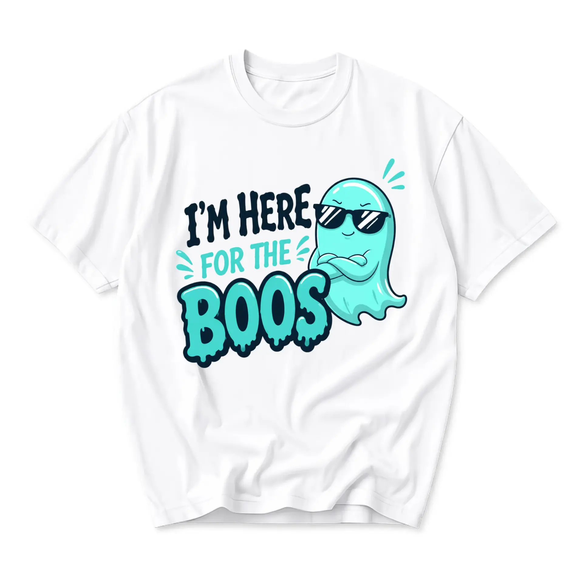 Funny Shirt I'm Here for the Boos Graphic Tee Casual Unisex Crew Neck Top for Fall Season and Holiday Parties