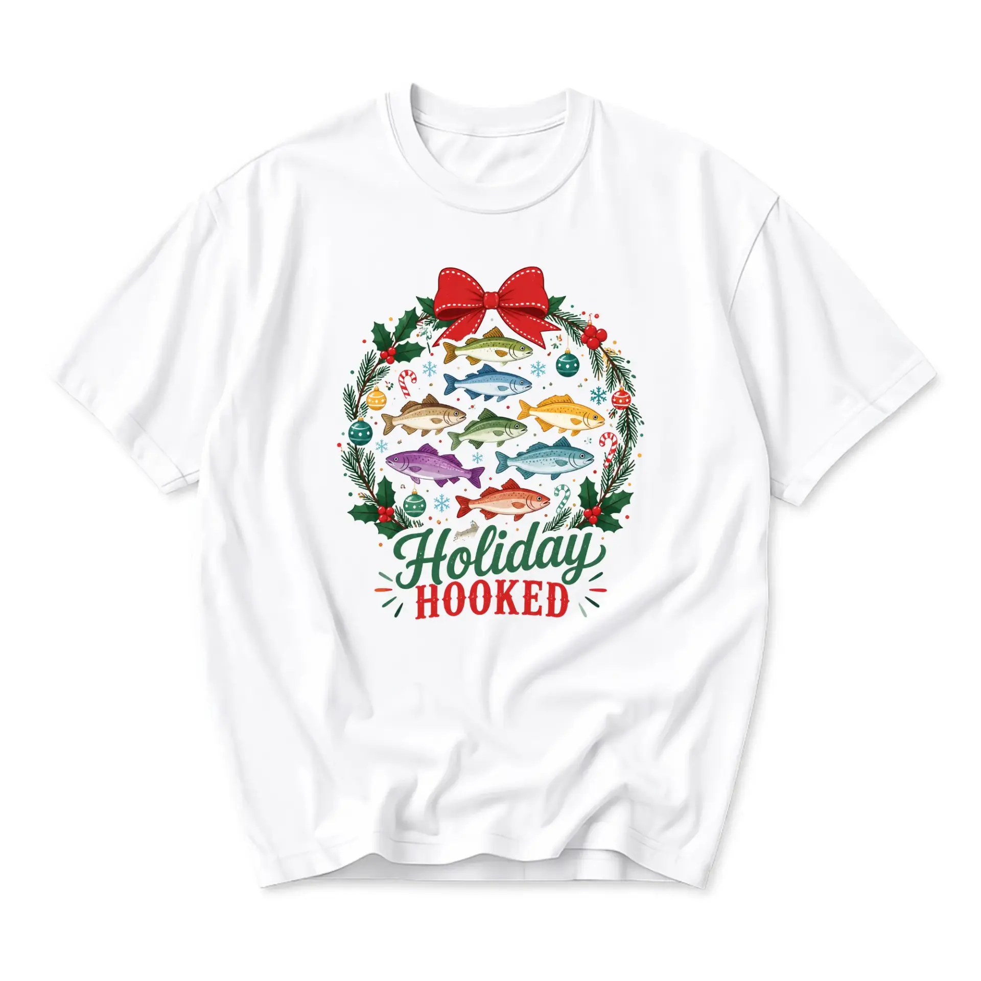 Graphic Tee Holiday Fishing Christmas Wreath Unisex Crew Neck Shirt Casual