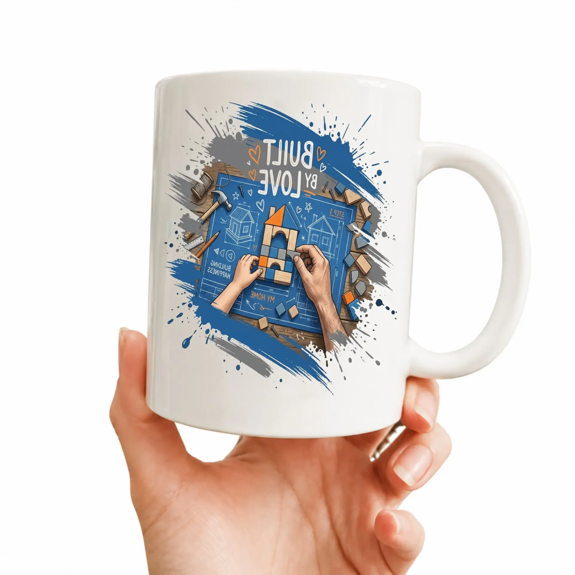 Inspirational Built by Love Ceramic Coffee Mug with Blue Accent Handle for Home or Office Use Everyday Beverageware
