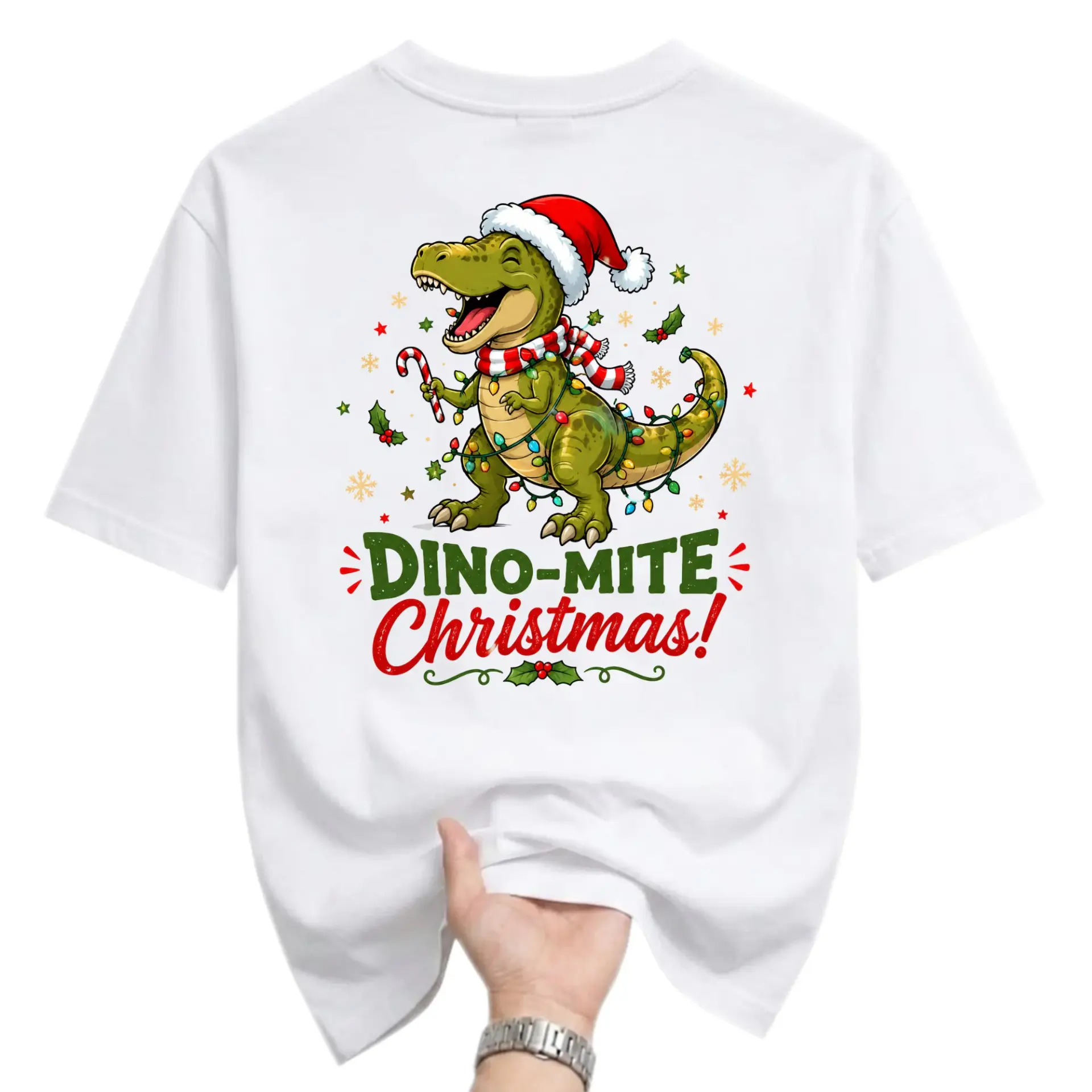 Graphic Tee Dino-Mite Christmas Shirt Funny Dinosaur Wearing Santa Hat Holiday Apparel Unisex Crew Neck Casual Top