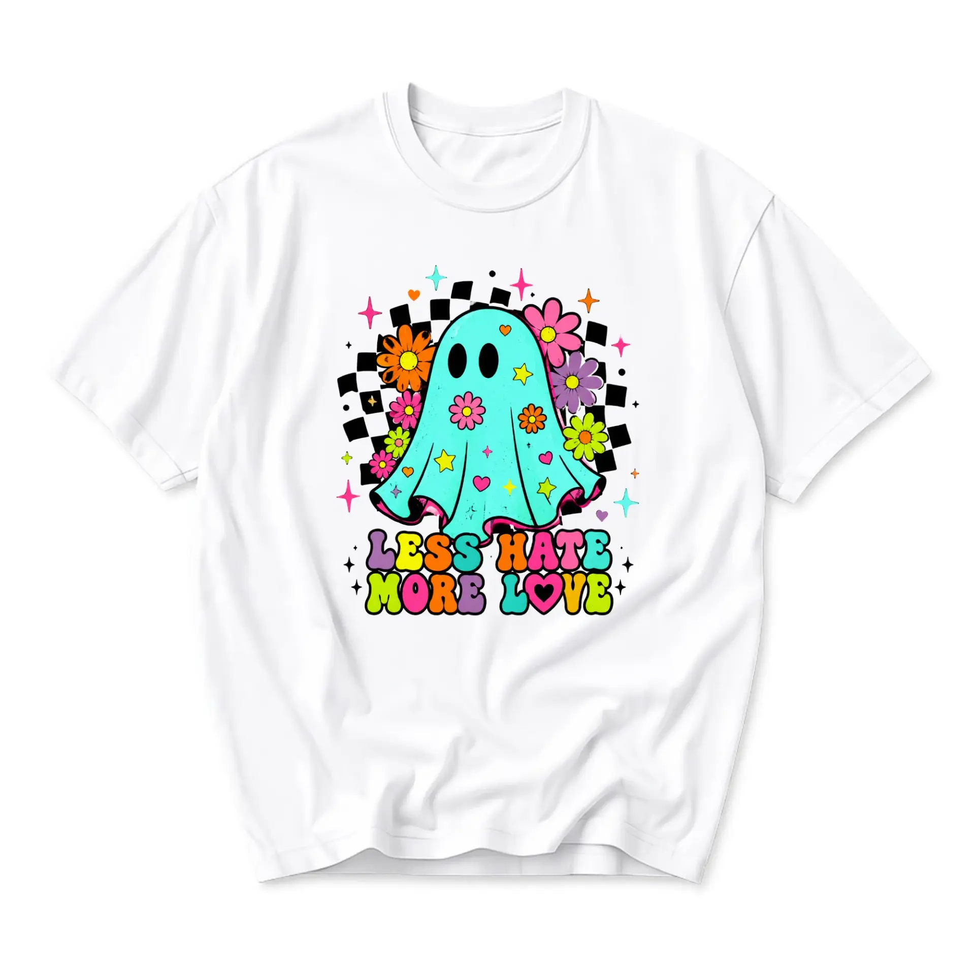 Graphic Tee Less Hate More Love Retro Ghost Print Unisex Short Sleeve Crew Neck Casual Everyday Cotton Apparel Shirt