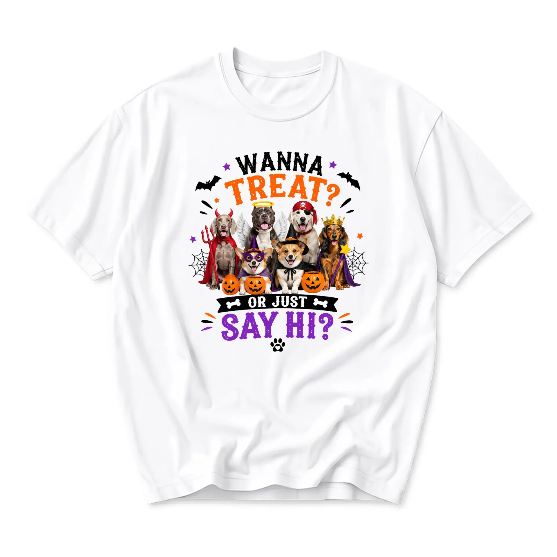 Funny Shirt Wanna Treat or Just Say Hi Halloween Dog Lover Graphic Tee Unisex Crew Neck Casual Everyday Apparel White