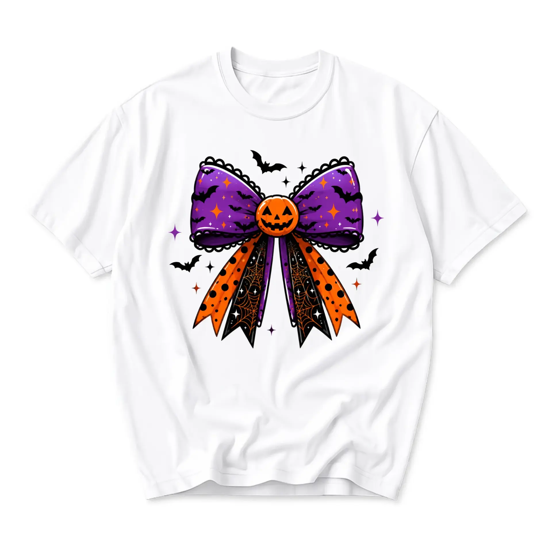 Graphic Tee Unisex Crew Neck Halloween Bow Shirt with Jack O Lantern Print Comfortable Everyday Casual Cotton Apparel