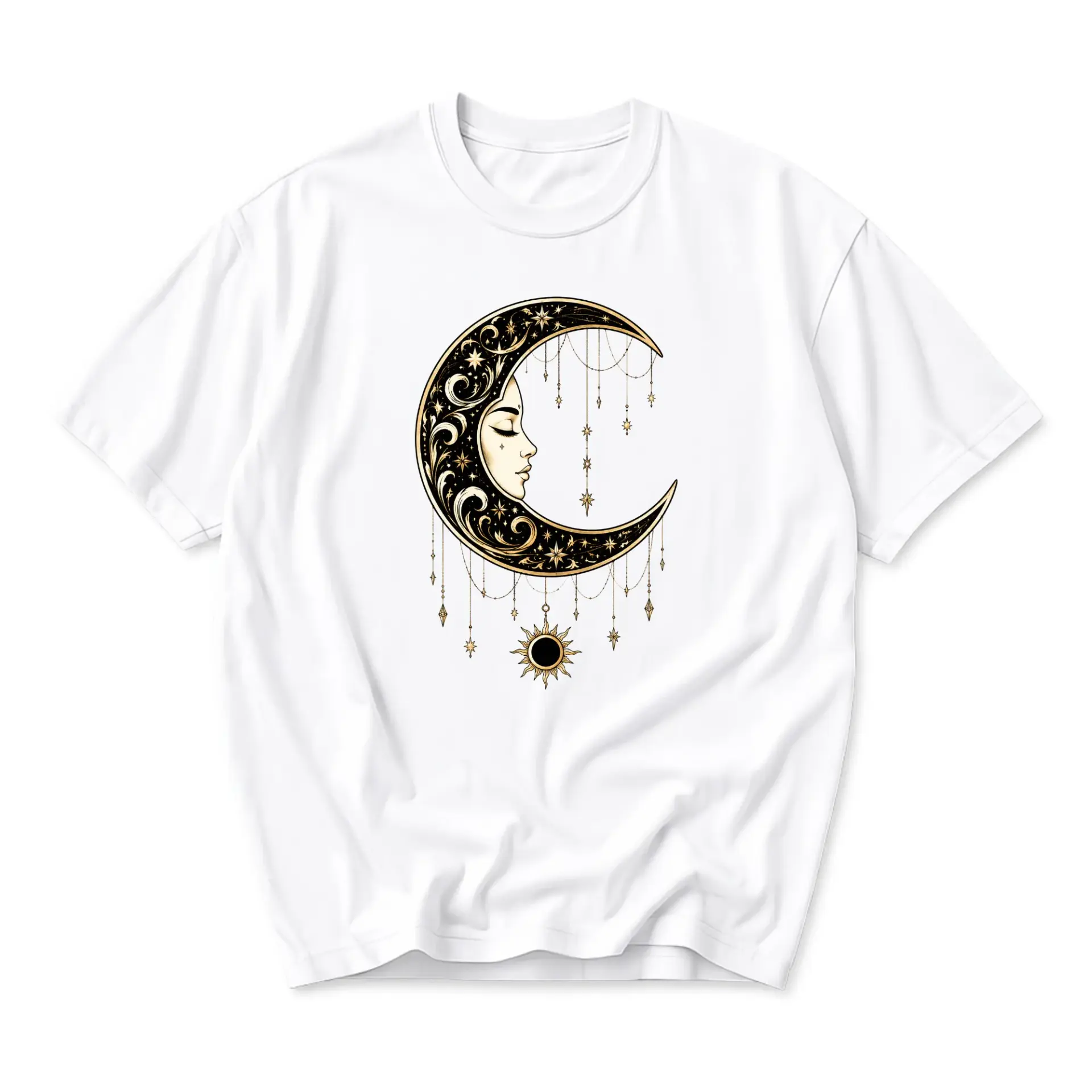 Graphic Tee Celestial Moon and Sun Face Illustration Unisex Crew Neck Short Sleeve Cotton Blend Casual Top