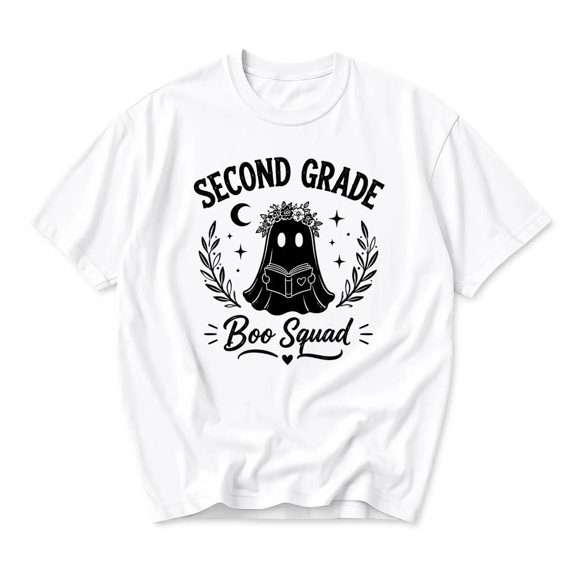 Graphic Tee Second Grade Boo Squad Unisex T-Shirt Reading Ghost Design Short Sleeve Everyday Casual Apparel White