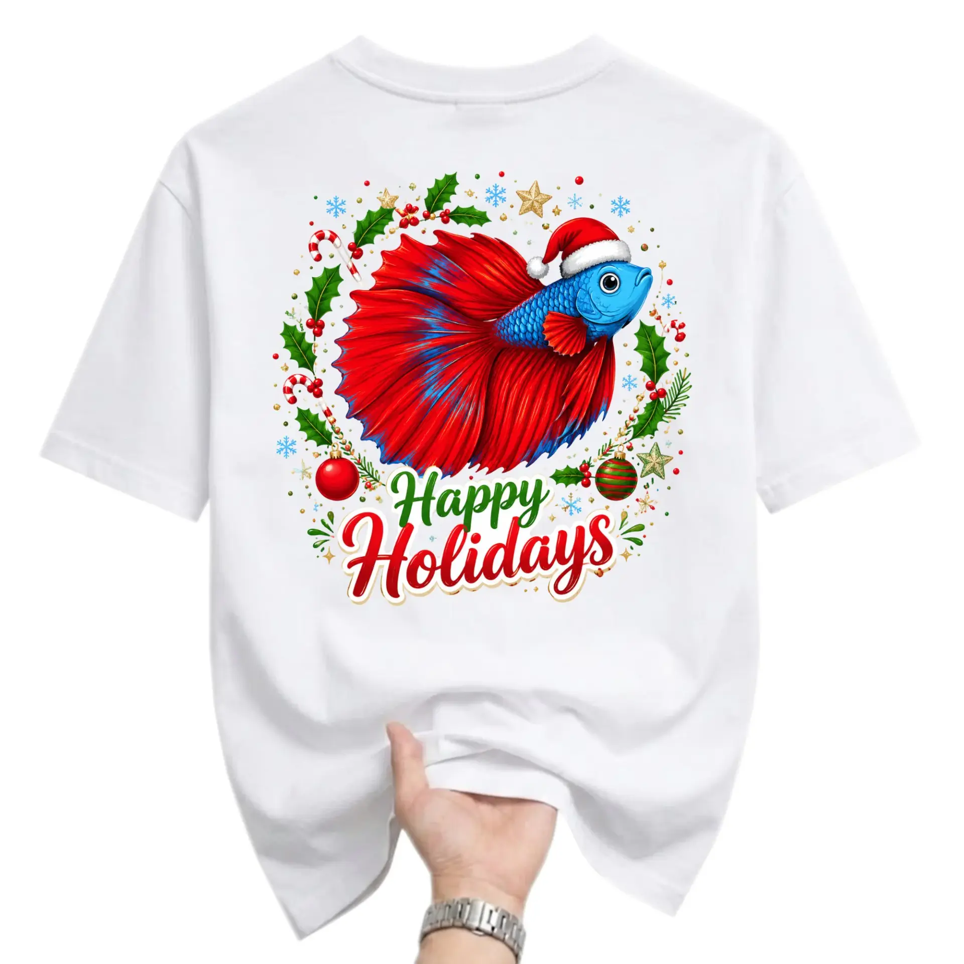 Funny Shirt Happy Holidays Fish Christmas Graphic Tee Casual Unisex Crew Neck Short Sleeve Cotton Apparel White