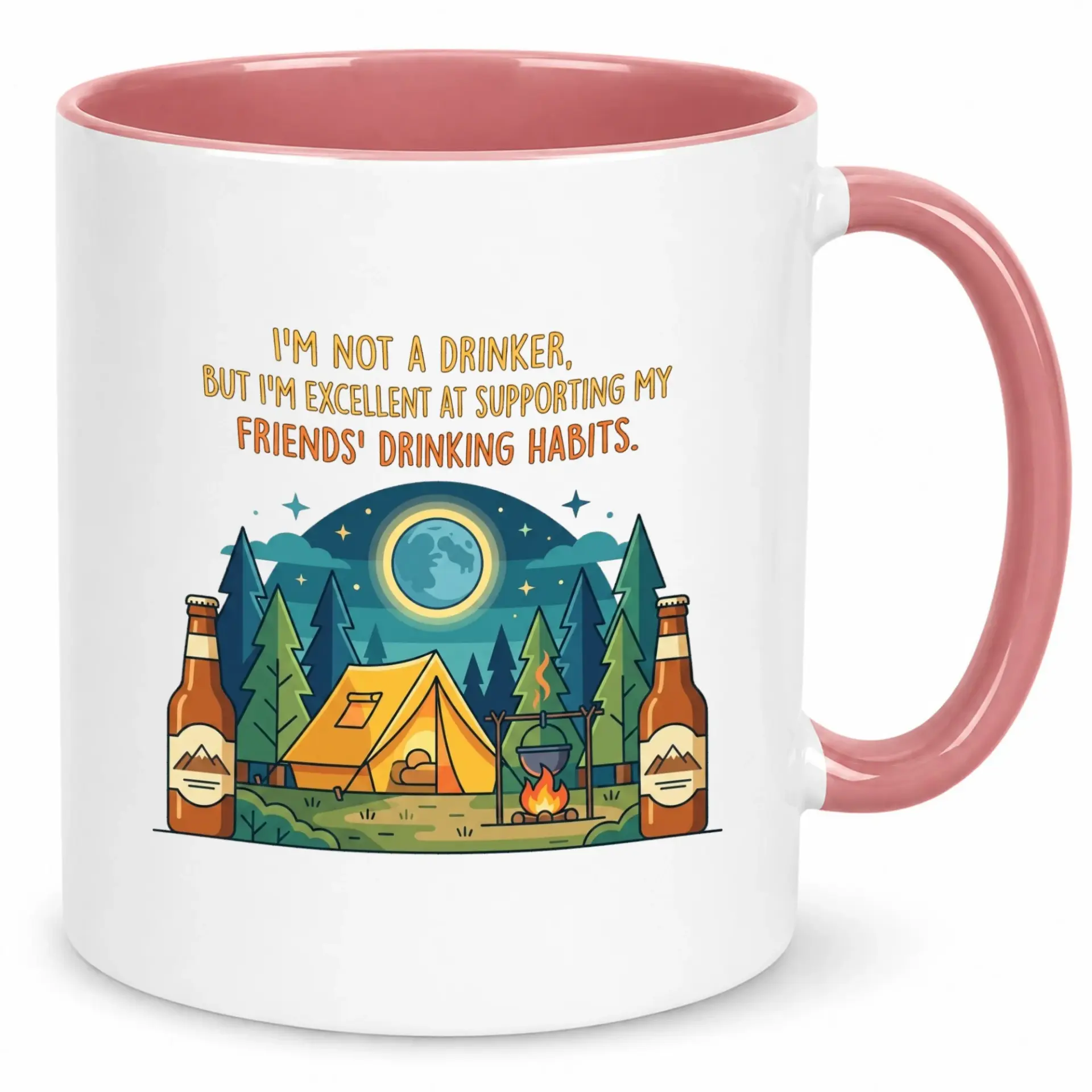 Funny Ceramic Coffee Mug with Humorous Drinking Friends Quote and Camping Night Scene Design, 11oz or 15oz White Drinkware Gift