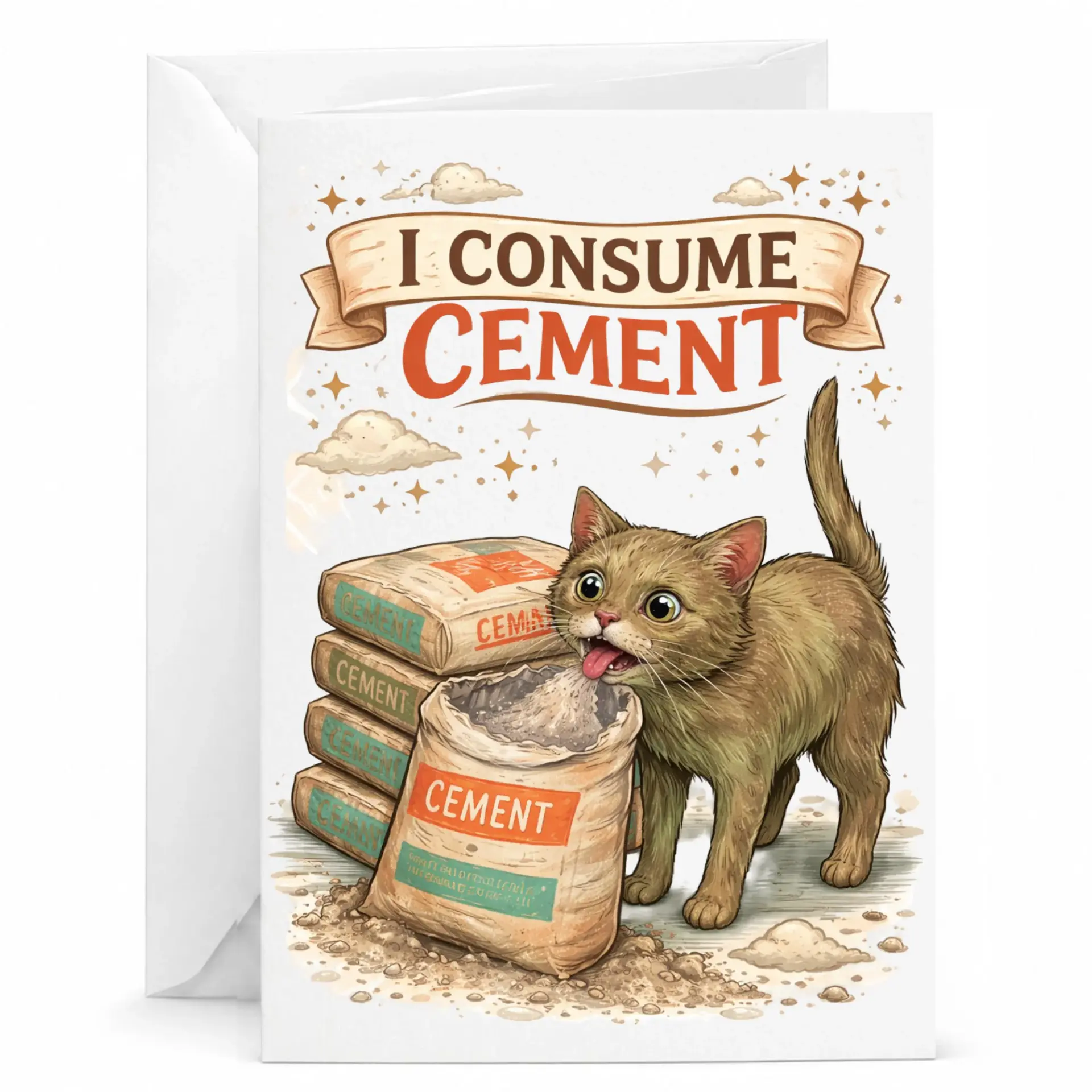 Funny Cat Greeting Card I Consume Cement Humor Illustration Folded Stationery Note for Friends and Family 5x7 Inches