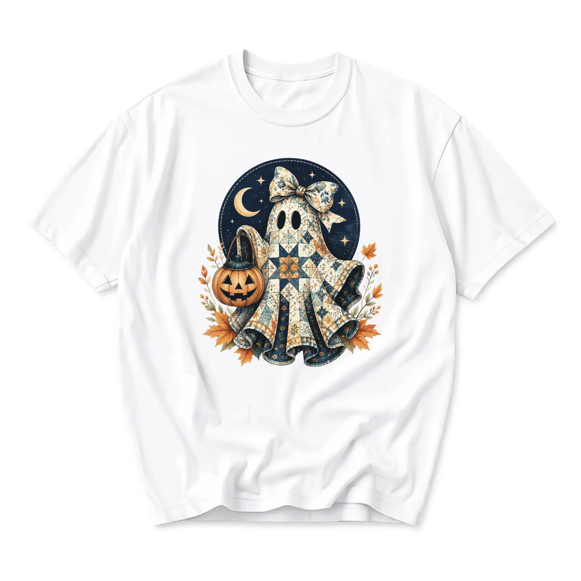 T-shirt Ghost Wearing Quilt Pattern Print with Pumpkin Graphic Unisex Crew Neck Casual Everyday Wear Fall Season Shirt