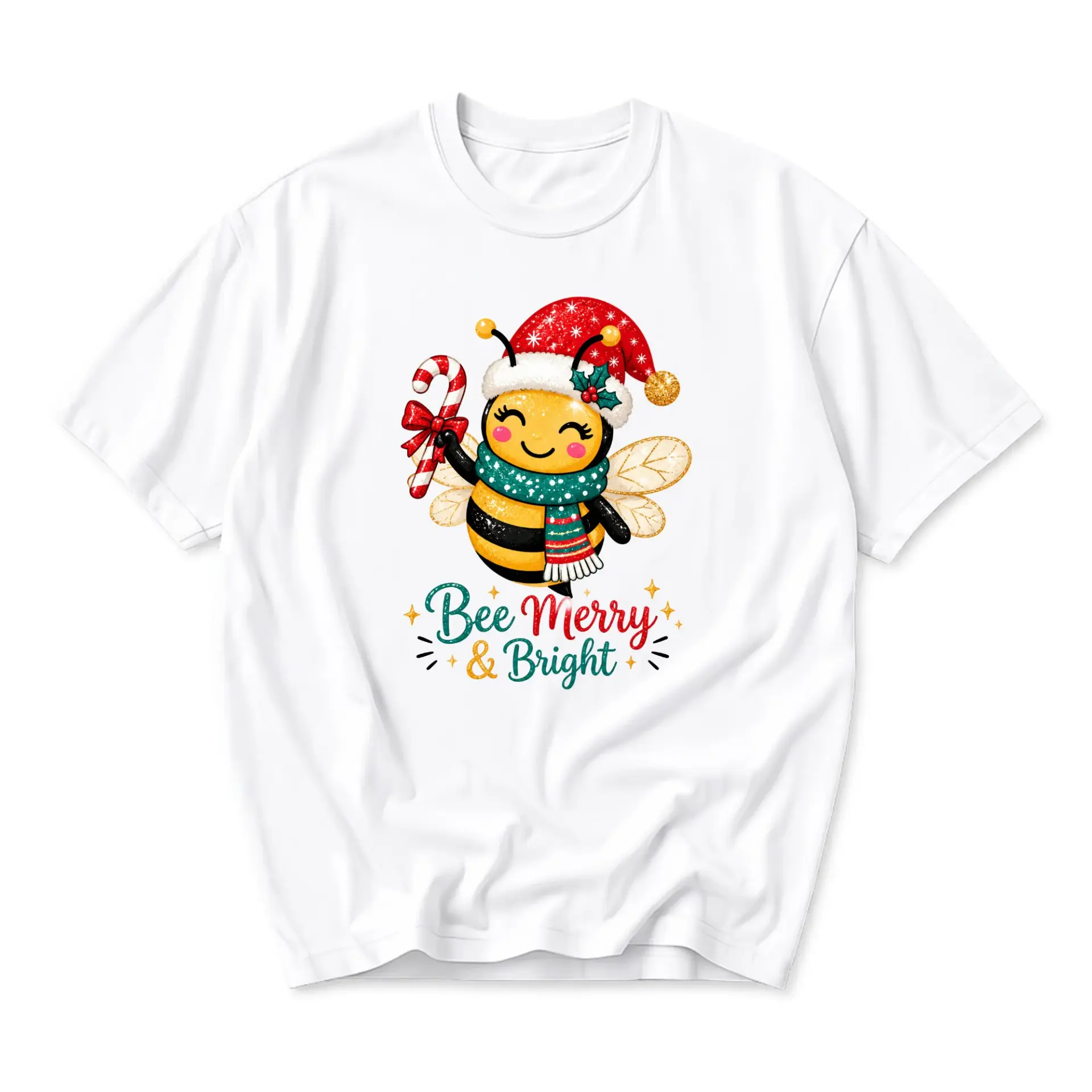 Funny Shirt Bee Merry and Bright Graphic Tee Cute Holiday Insect Print Unisex Casual Cotton Crew Neck Short Sleeve
