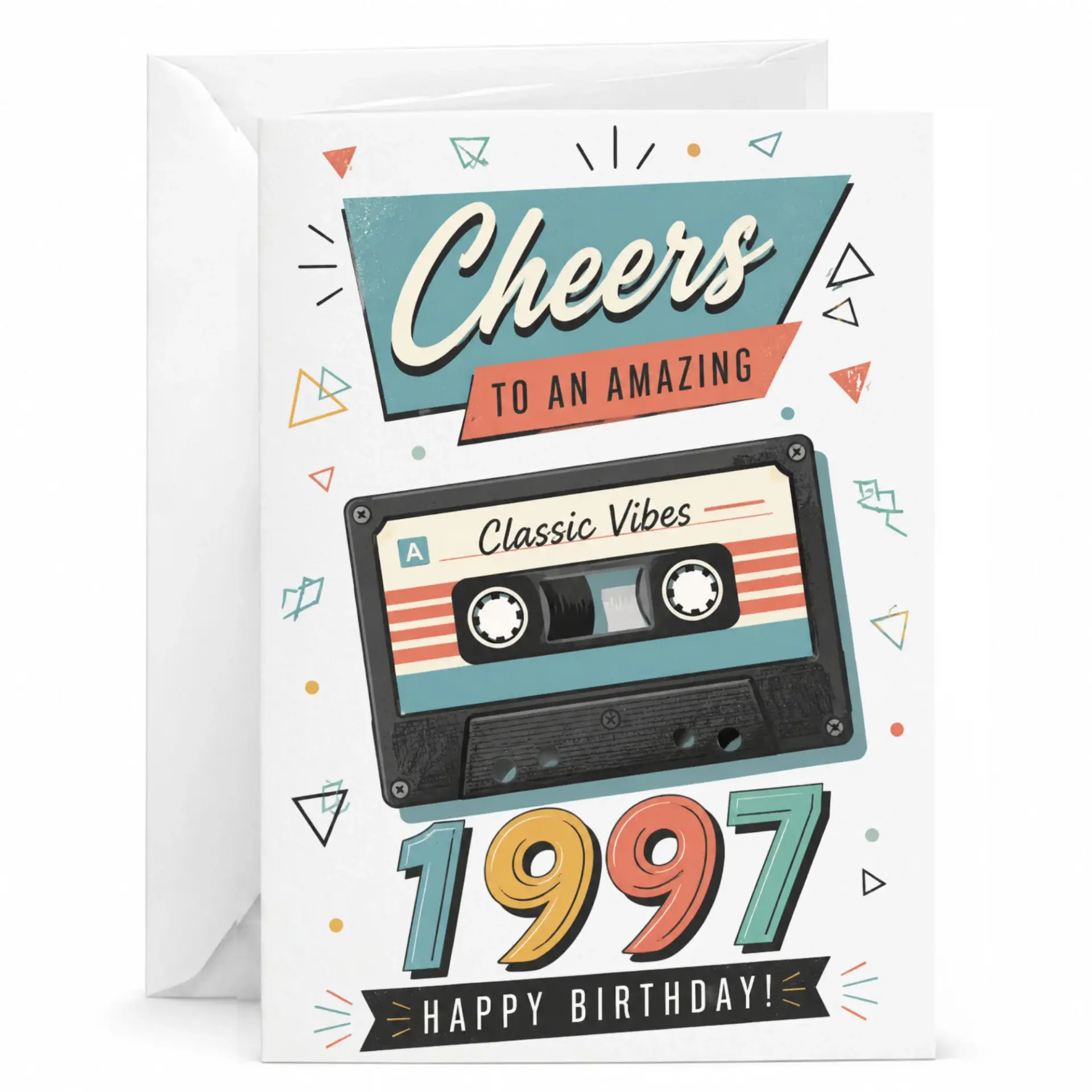 Birthday Card Retro Cassette Tape Design 1997 Greeting Card with Envelope for Vintage Music Fans and Milestone Birthdays