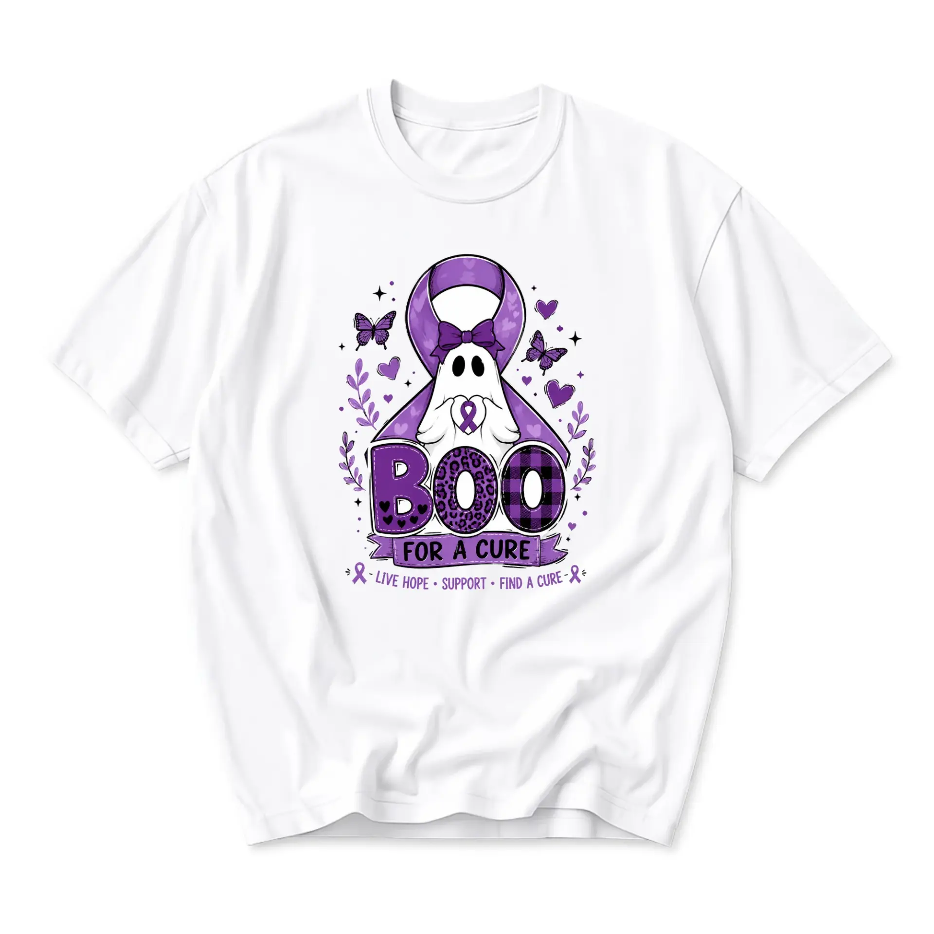 Graphic Tee Boo for a Cure Purple Ribbon Ghost Awareness Unisex Cotton Crew Neck Short Sleeve Casual Everyday T-Shirt