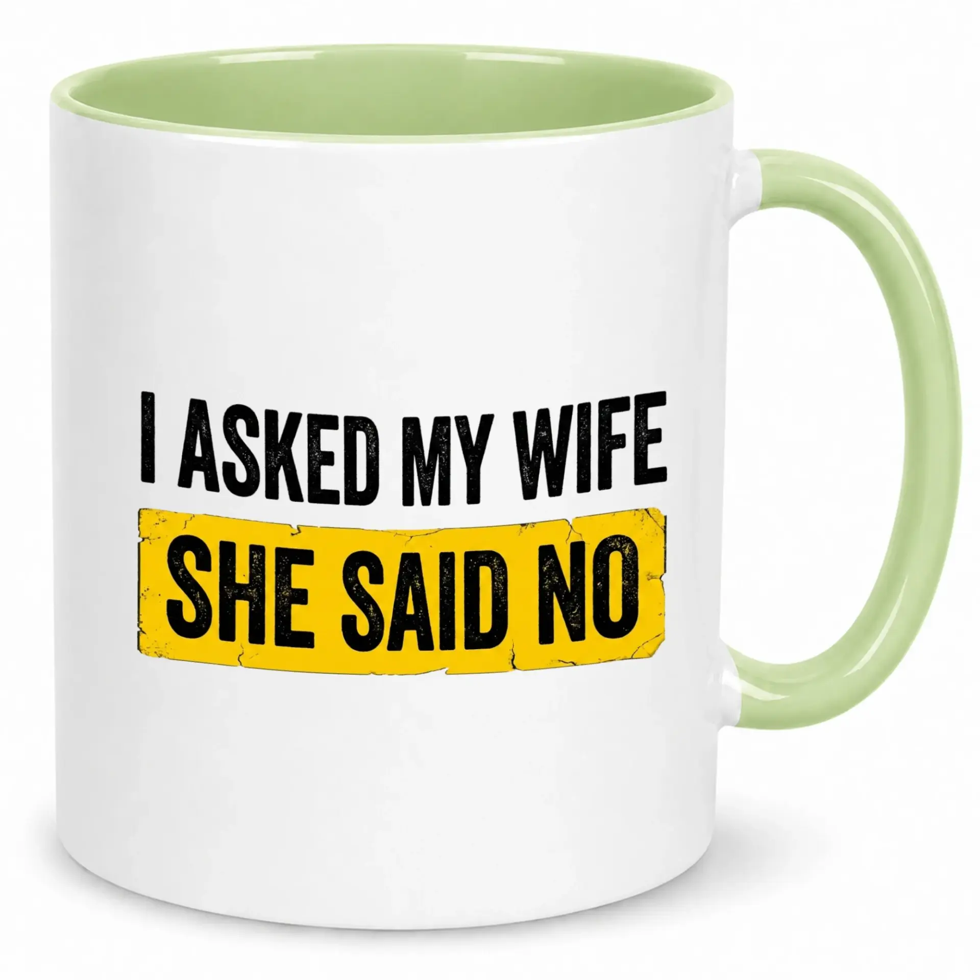 Funny Ceramic Coffee Mug with Humorous 'i Asked My Wife She Said No' Quote Design and Green Handle, Sarcastic Drinkware Gift