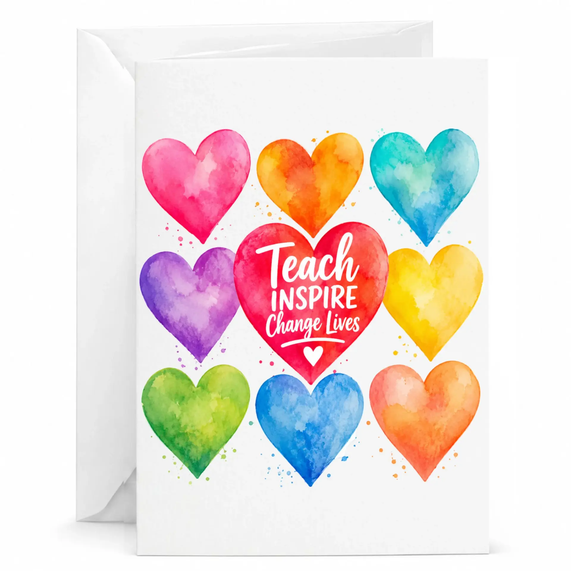 Inspirational Teach Change Greeting Card with Watercolor Hearts Design for Educators and Mentors