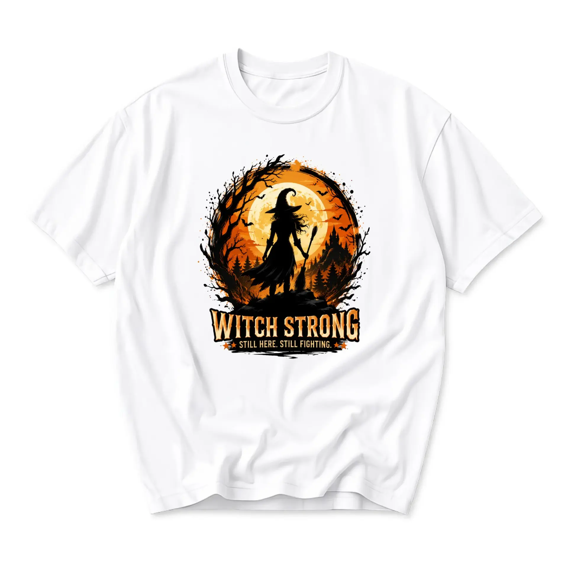 Graphic Tee Witch Strong Still Here Still Fighting Shirt Moon Forest Silhouette Unisex Short Sleeve Casual Cotton Top