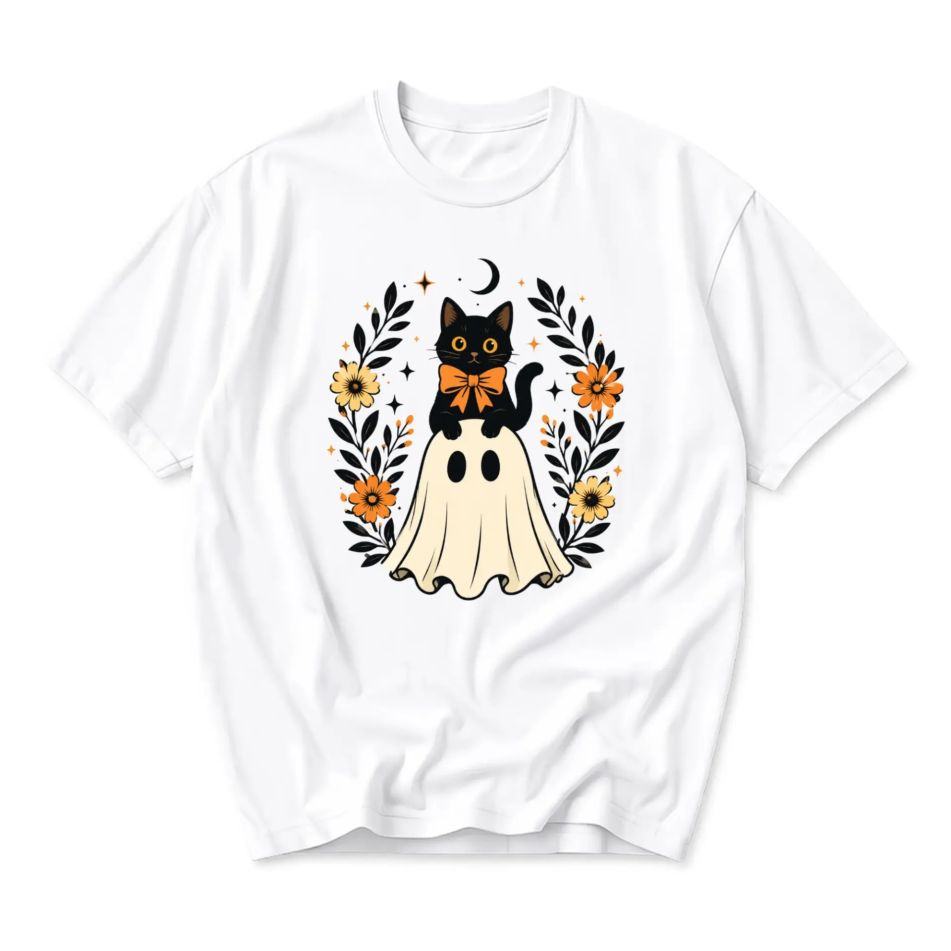 Graphic Tee Black Cat Wearing a Ghost Costume Artistic Illustration Autumn Seasonal Short Sleeve Crew Neck Shirt