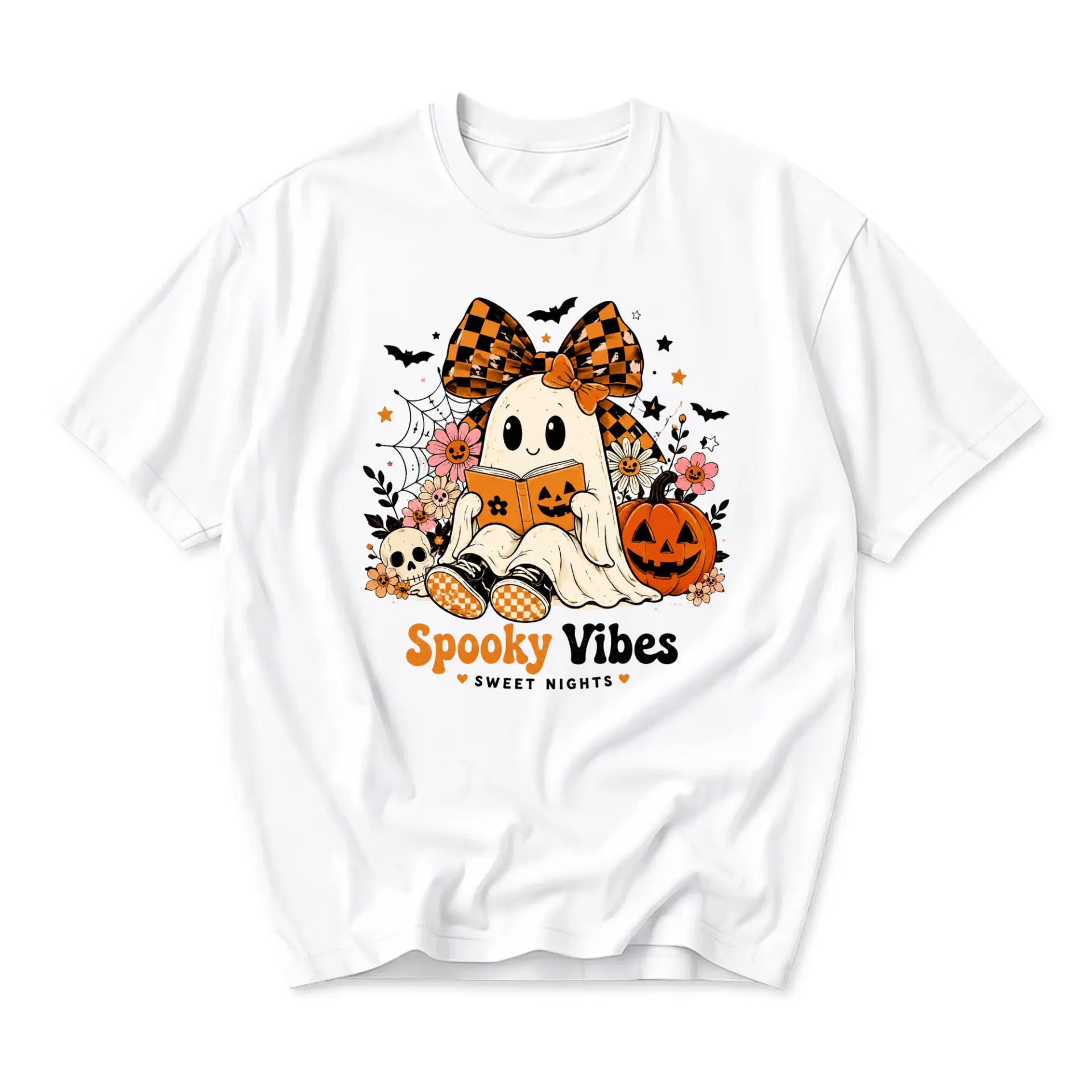 Graphic Tee Spooky Vibes Ghost Reading Book Shirt Cute Autumn Fall Seasonal Apparel Unisex Crew Neck Short Sleeve