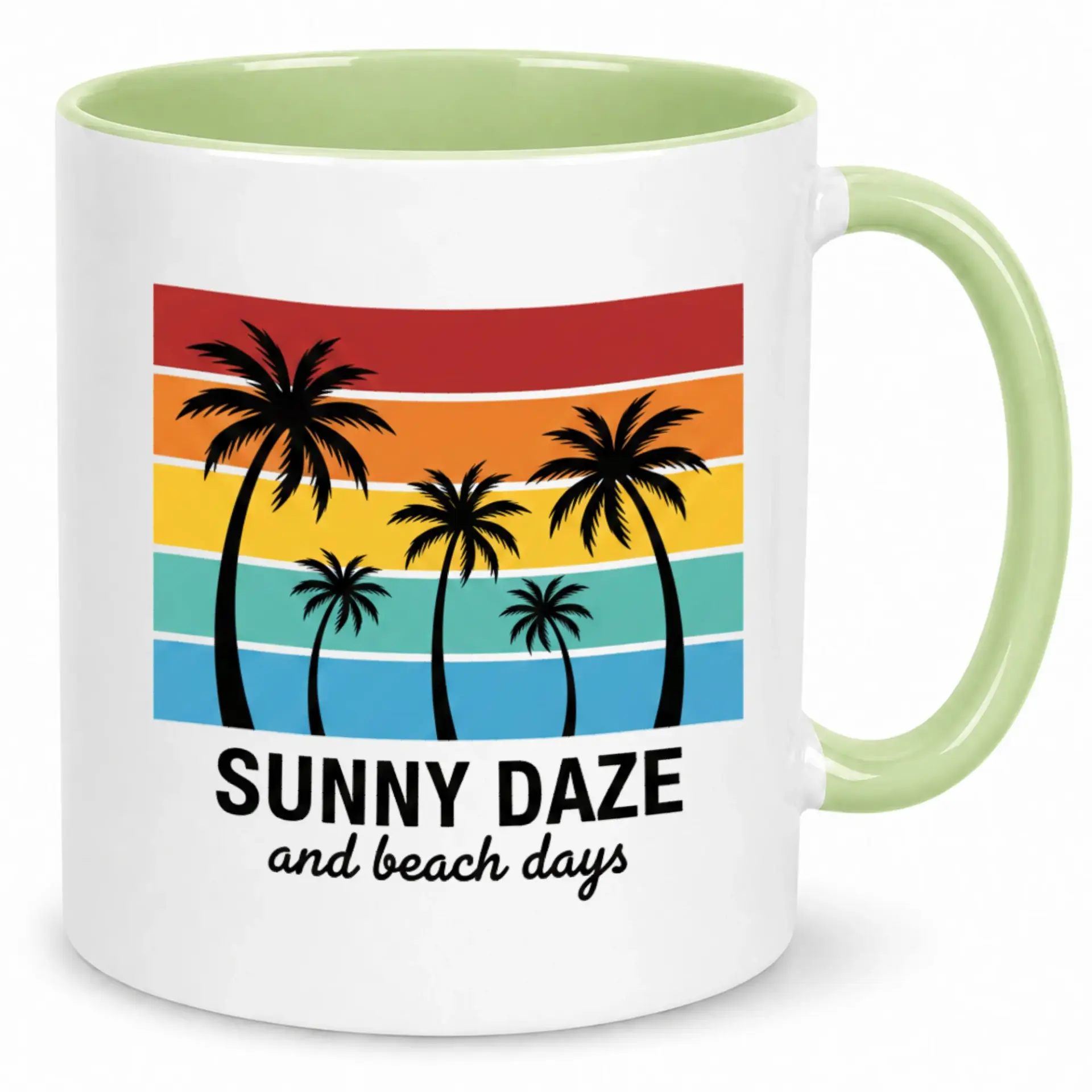 Ceramic Coffee Mug with Retro Sunset Palm Trees Design, Sunny Daze and Beach Days Themed Beverage Cup for Home Office
