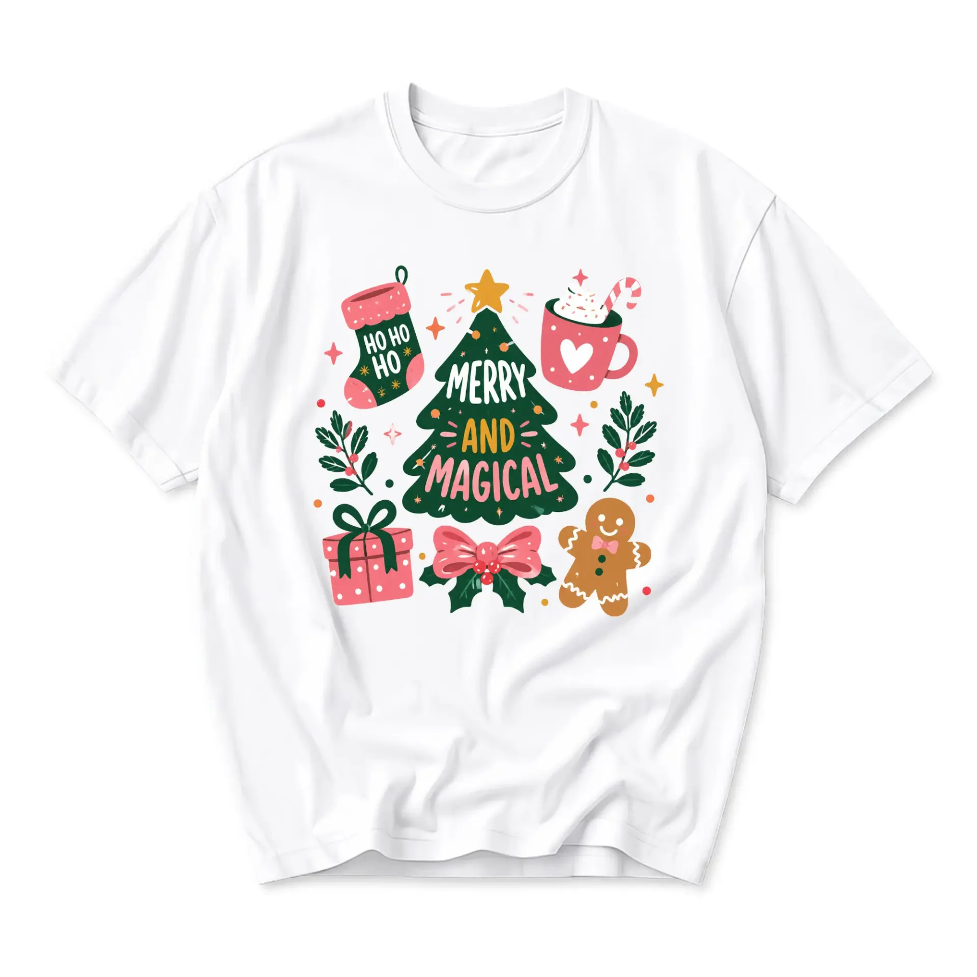 Graphic Tee Merry and Magical Christmas Tree Holiday Design Unisex Crew Neck Soft Cotton Blend Casual Shirt White